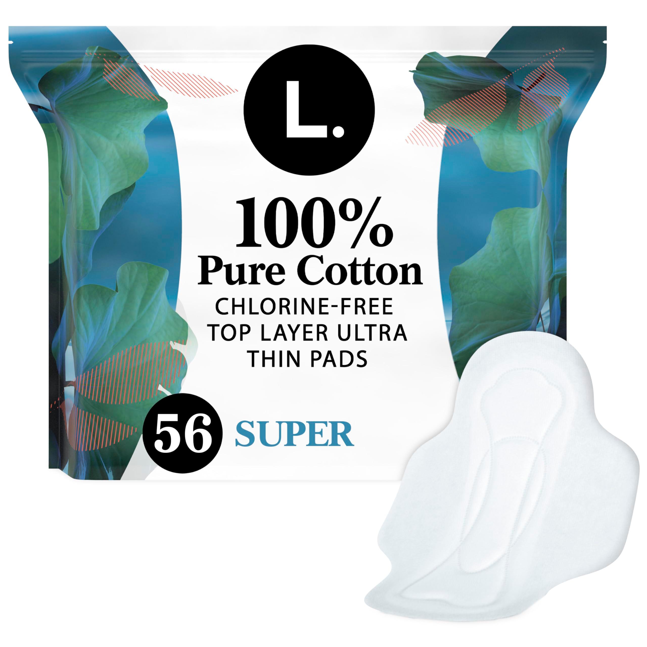L. Ultra Thin Pads for Women, Super Absorbency, 100% Pure Cotton Top Layer, Unscented Pads with Wings, 56 Count Total