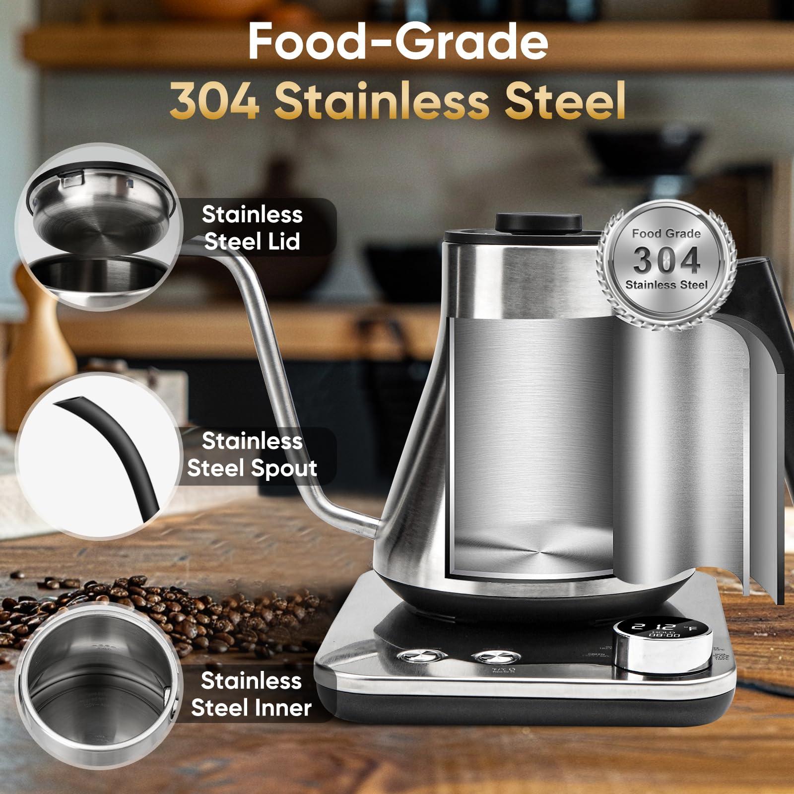 COZII Gooseneck Electric Kettle,5 Presets & ±1℉ Temperature Control 1200W Quick Heating Water Boiler for Coffee/Tea, 24H Keep Warm, Auto Shut Off Pour Over Kettle with 50pcs Coffee Filter,0.9L Silver - Image 6
