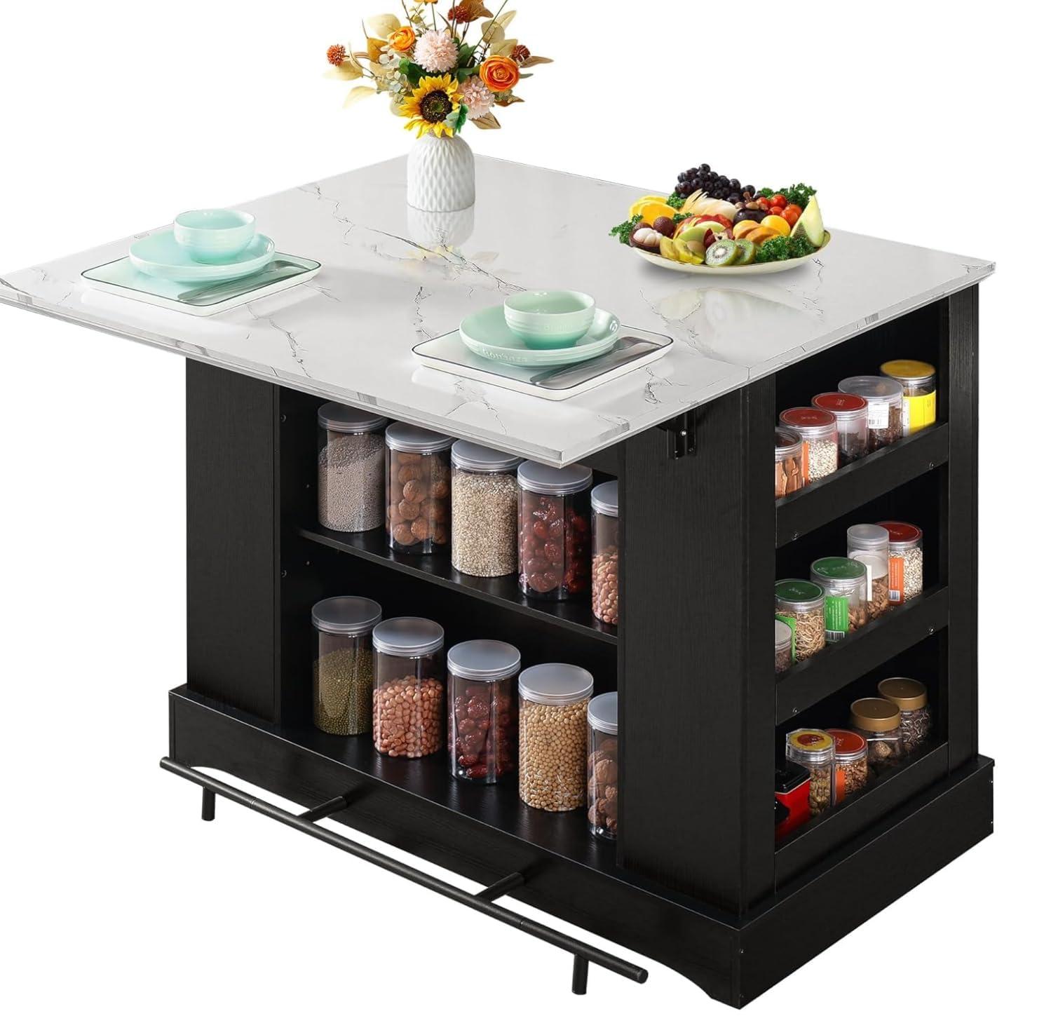 FUSUNBAO Large Kitchen Island with Storage & Power Outlet, Drawer, Adjustable Shelves, Side Open Compartments, and Drop Leaf,Island Table for Kitchen with Footrest,Black