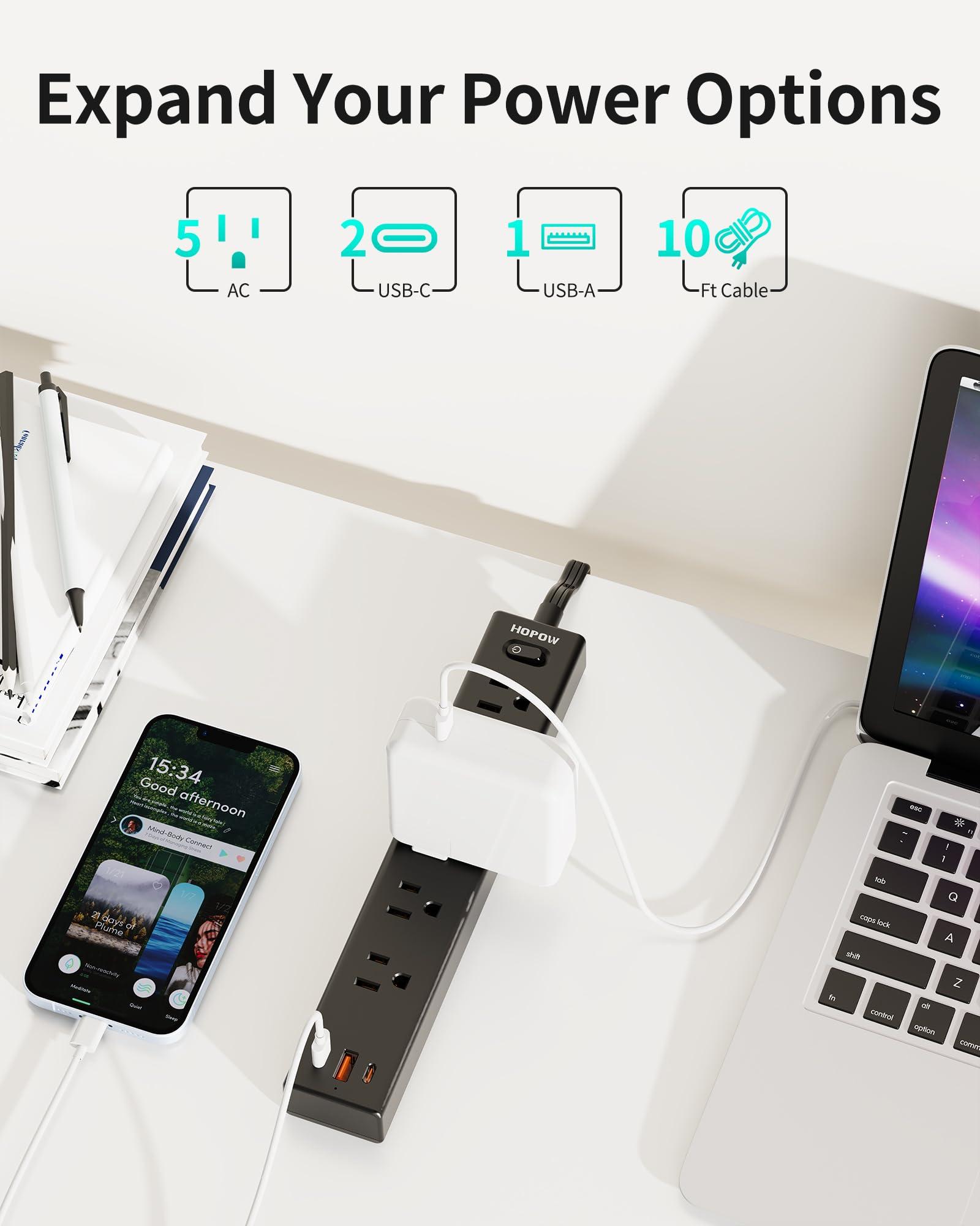 HOPOW Power Strip Surge Protector, 2 Pack, 10 Ft Ultra Thin Flat Extension Cord, Surge Protector with 5 Outlets & 3 USB Ports (2 USB C), 1700 Joules, 3-Prong, Wall Mount for Home Office Dorm, Black - Image 3