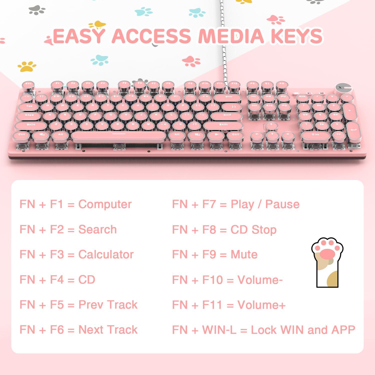 Typewriter Style Retro Wired Mechanical Gaming Keyboard, Vintage Steampunk with White LED Backlit, 104-Key Anti-Ghosting Blue Switch Cute Keyboard, Round Keycaps Knob Control for PC/Win/Mac/Laptop - Image 3