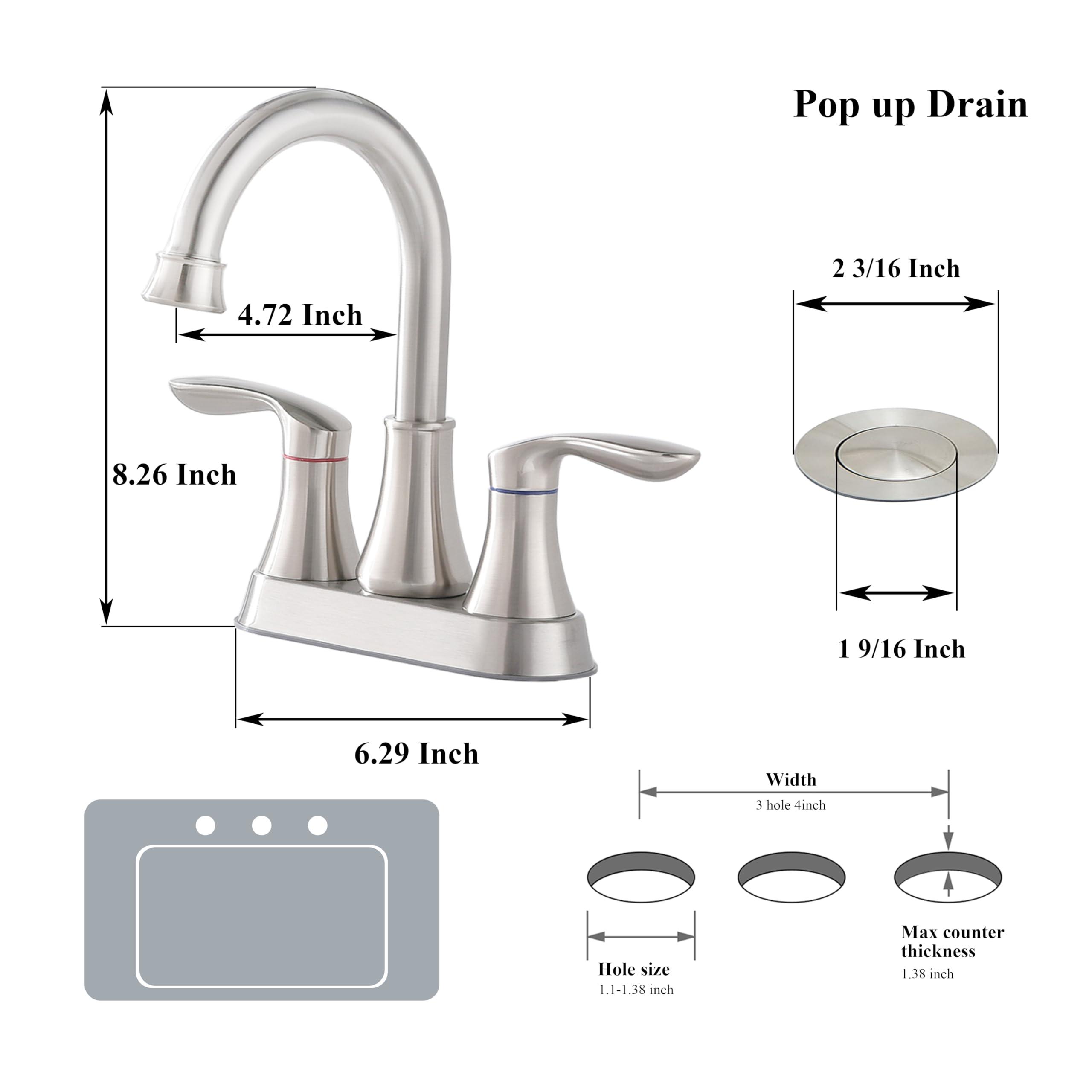 Friho Brushed Nickel Bathroom Faucet, Centerset Lead-Free Modern Commercial 2-Handle RV Bathroom Sink Faucet, 3 Hole 4 inch Bath Faucet with Drain Stopper and Water Hosess - Image 3