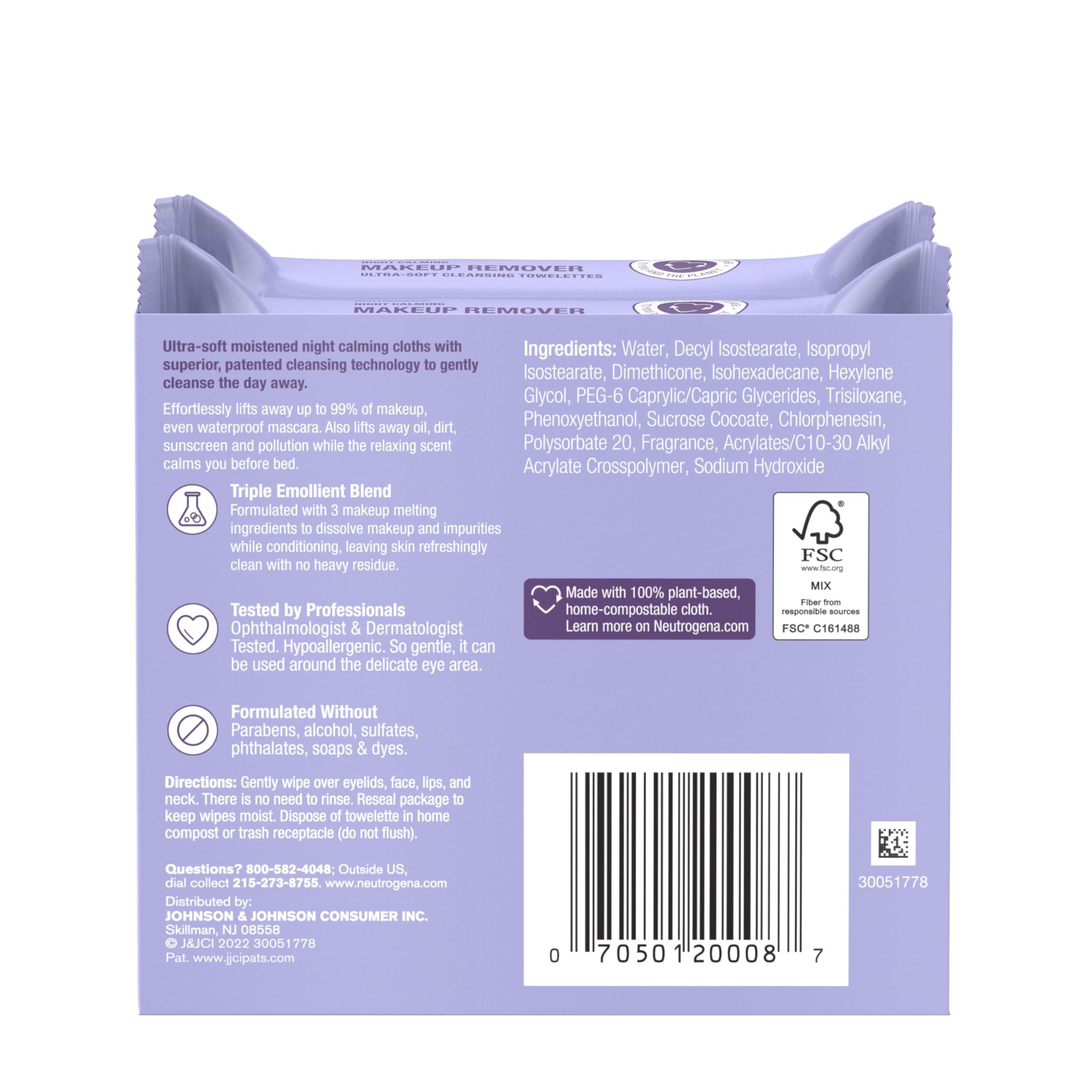 Neutrogena Night Calming Makeup Remover Face Wipes, Nighttime Cleansing Towelettes Remove Sweat, Dirt & Makeup & Calms Skin, Hypoallergenic, 100% Plant Based Cloth, Twin Pack, 2 x 25 ct - Image 6