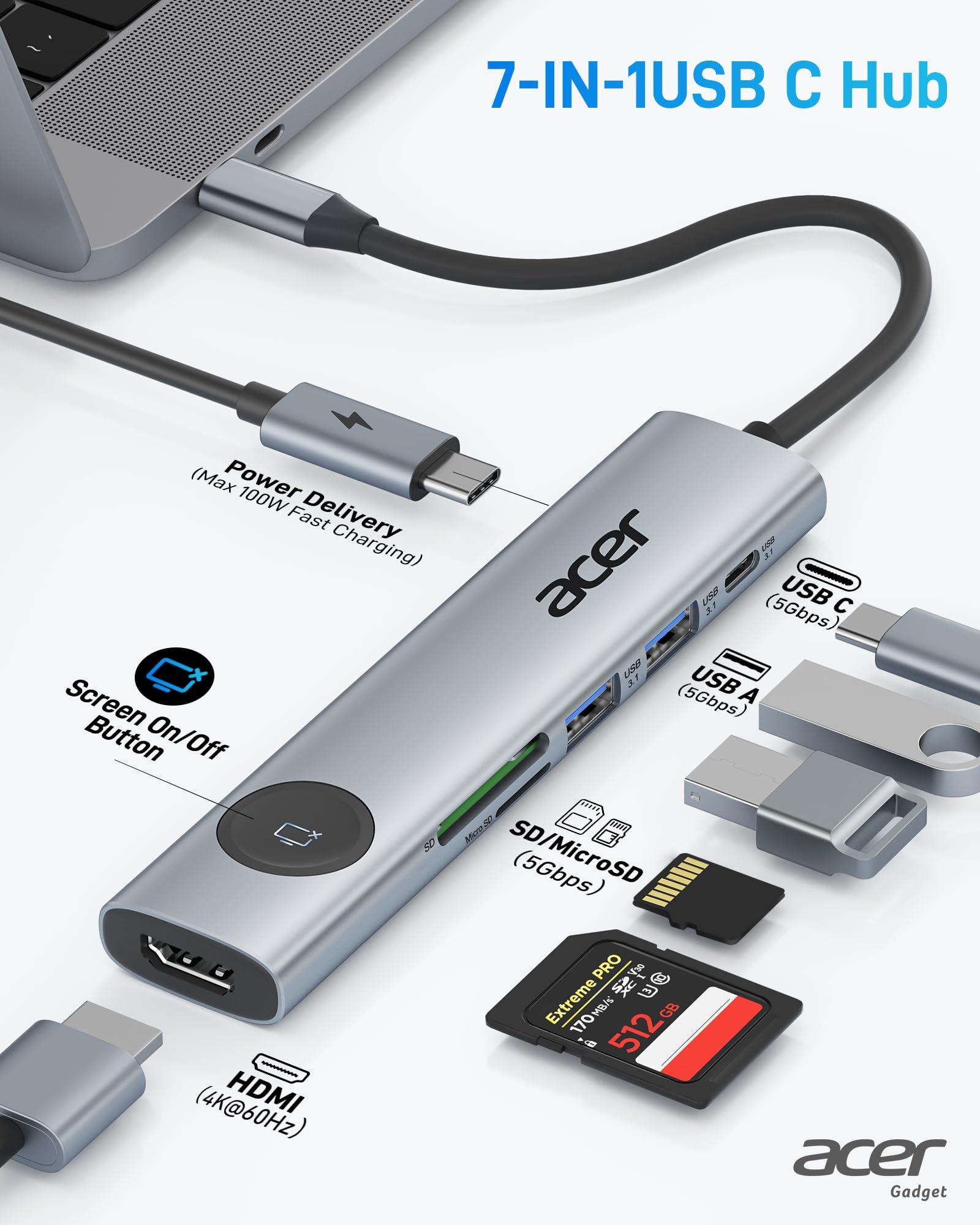Acer USB C to HDMI Multiport Adapter, 7 in 1 USB-C Hub with HDMI 4K@60Hz, 100W PD, 2 USB-A 3.1 and 1 USB C 3.1 with 5Gbps, SD Card Reader, Type C Dongle for MacBook Pro/air, iPad, iPhone 16/15, Grey - Image 2