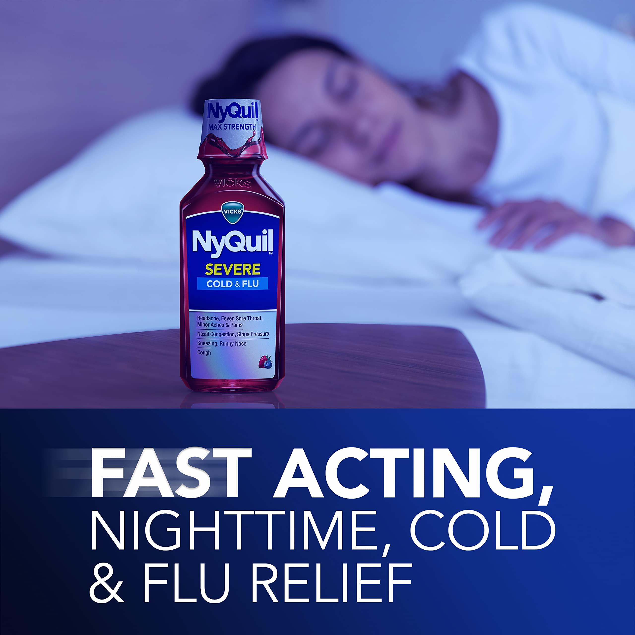 Vicks NyQuil SEVERE Cold, Flu, and Congestion Medicine, 2x12 fl oz Twin Pack, Berry Flavor, Maximum Strength, Nighttime Relief - Image 4