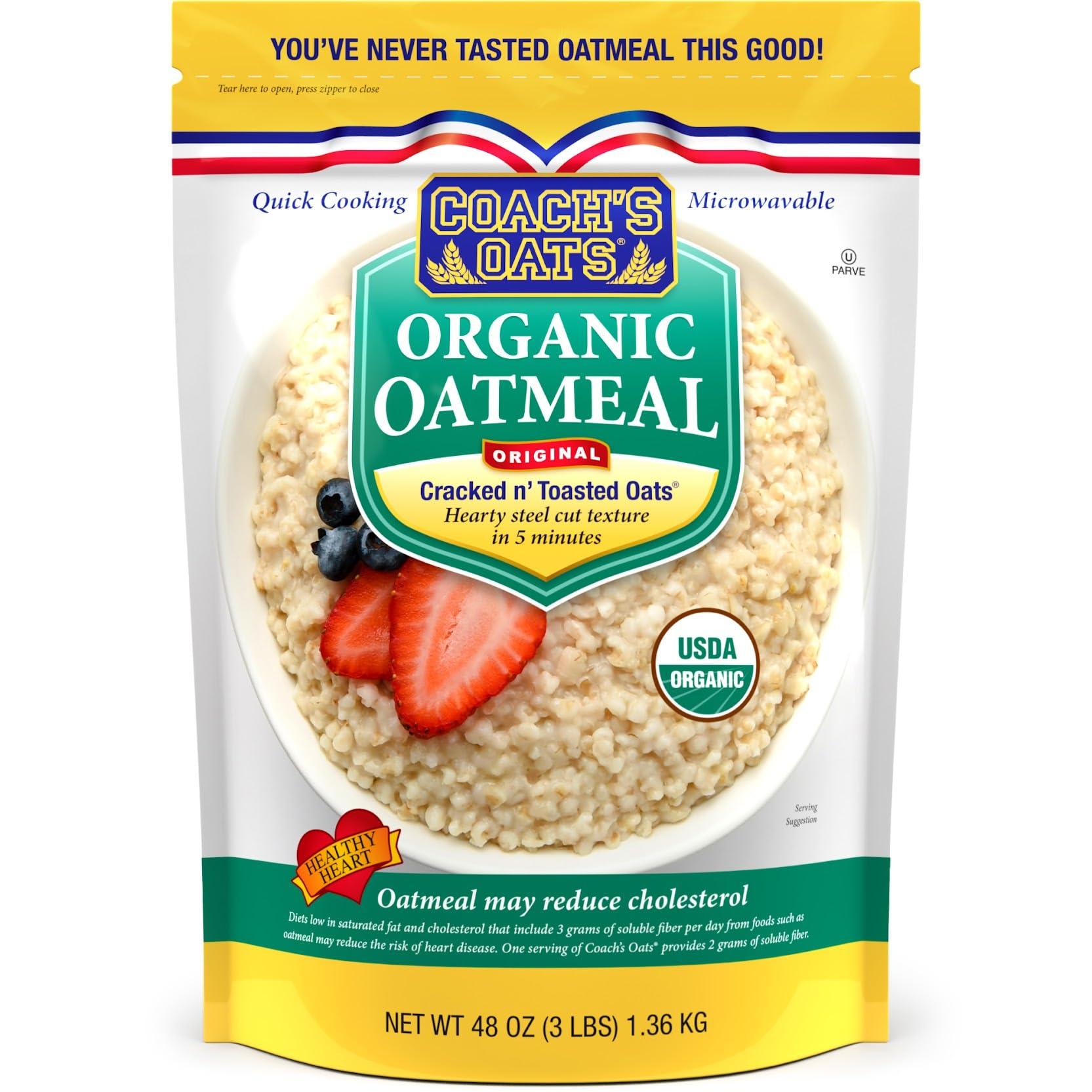 Coach's Oats Organic Whole Grain Oatmeal 3 lbs | Cracked n’ Toasted Oats | Quick-Cooking, Steel Cut Texture | Heart-Healthy, Delicious Breakfast | Microwavable, Stovetop, Overnight Oatmeal, Ready in 3 to 5 Minutes | Enjoy the Perfect Start to Your Day