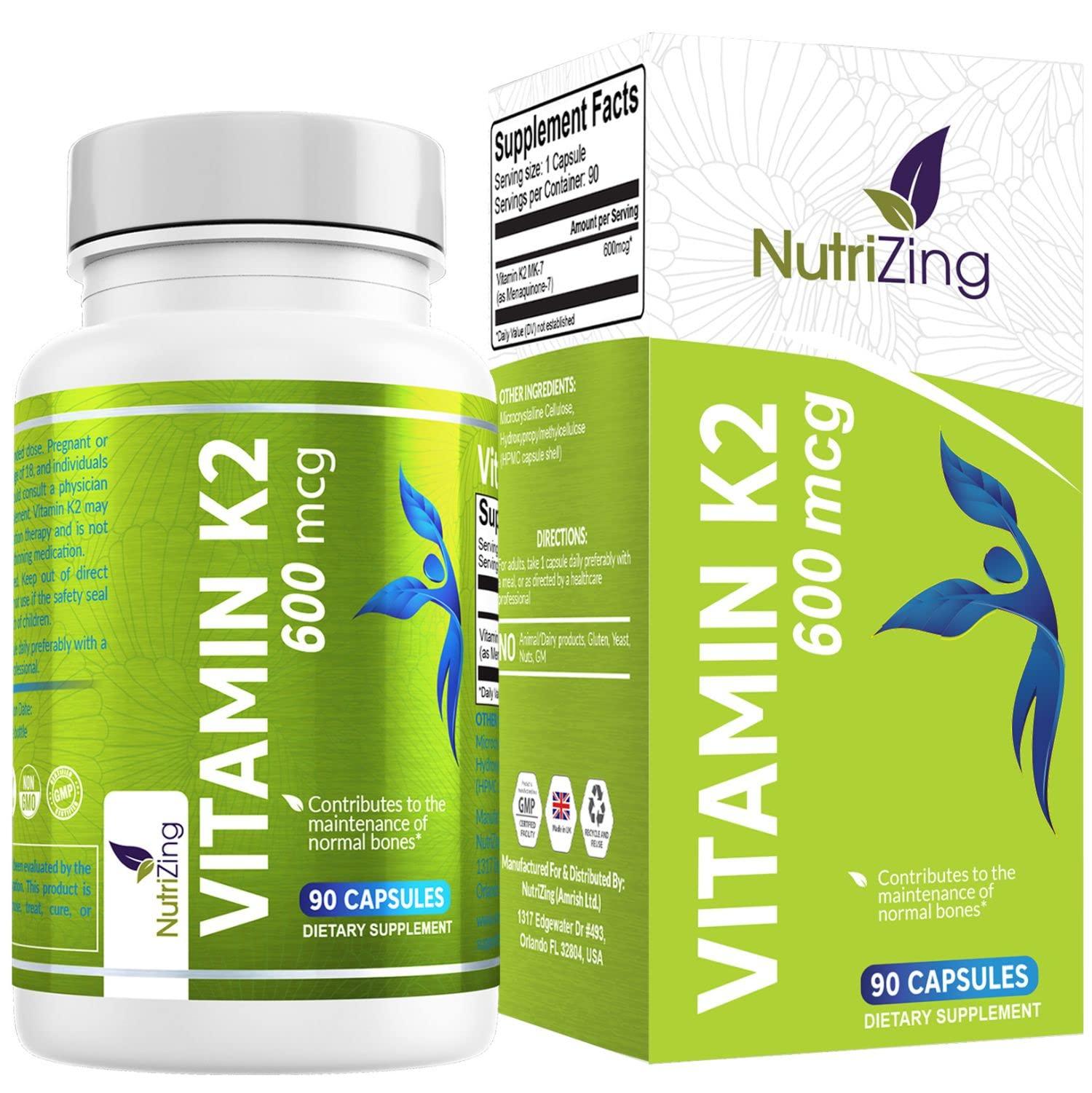 NutriZing K2 Vitamin Supplement MK-7 - High Strength 600mcg - Supports Bone & Arterial Health - 90 Vegan Capsules - Vitamin K2 for Men & Women - 3 Month Supply
