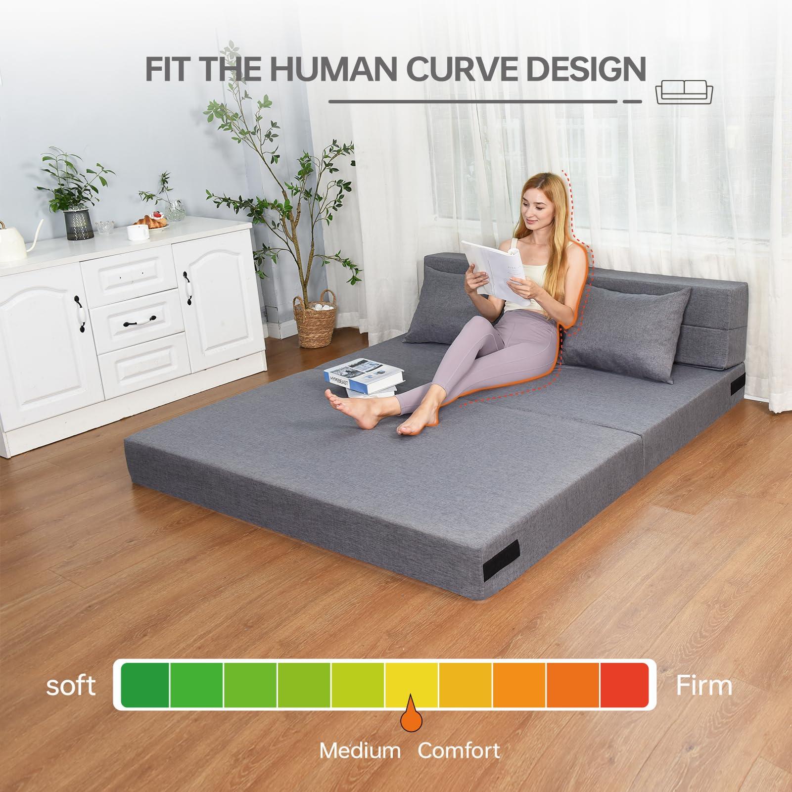 Fvkind Folding Sofa Bed, Foldable Bed Sleeper Chair with Pillow, Convertible Sofa Bed with Washable Cover, Fold Out Couch, Futon Couch for Living Room, Dorm, Guest Room, Queen Size, Light Grey - Image 6