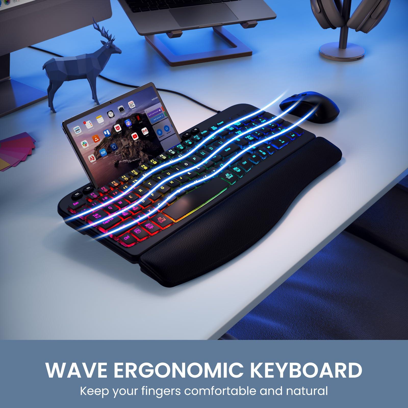 VEILZOR Ergonomic Backlit Keyboard with Wrist Rest, 7 Colors USB Wired Computer Keyboard, Wave Keys, with Phone/Tablet Holder, Comfortable Lighted Keyboard for PC, Windows and Mac - Image 2