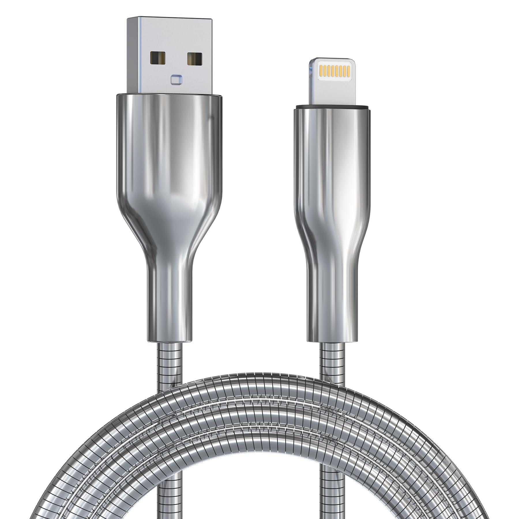 6FT Chew Proof iPhone Charger Cord - MFi Certified Silver Metal Braided USB to Lightning Cable, Metal Dog Cat Chew Proof iPhone Charging Cord with Data Transfer, for iPhone 14 13 12 11 X XS XR 8 7 6 5