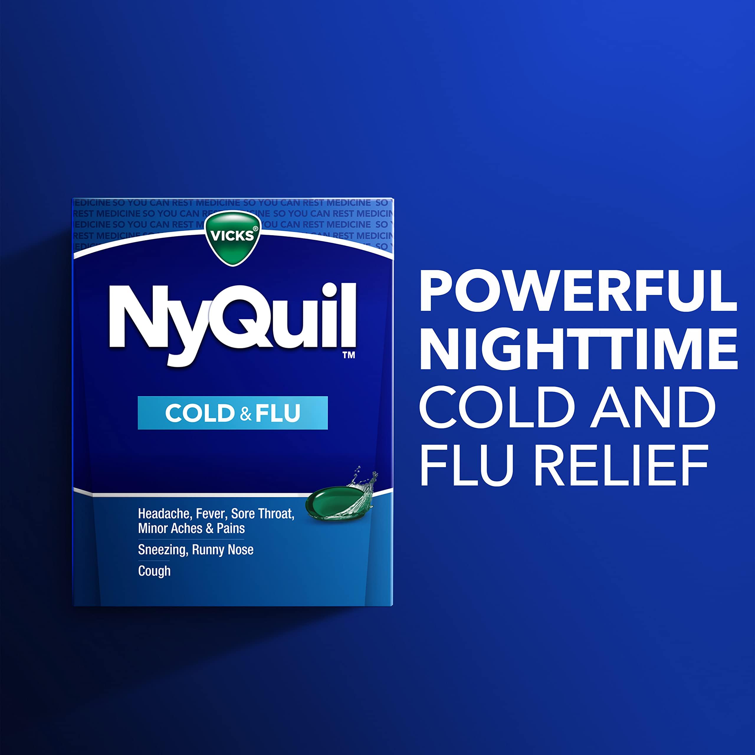 VICKS NyQuil Cold & Flu Relief Over-the-Counter Medicine, Powerful Multi-Symptom Nighttime Relief for Headache, Fever, Sore Throat, Minor Aches & Pains, Sneezing, Runny Nose, and Cough, 48 LiquiCaps - Image 4