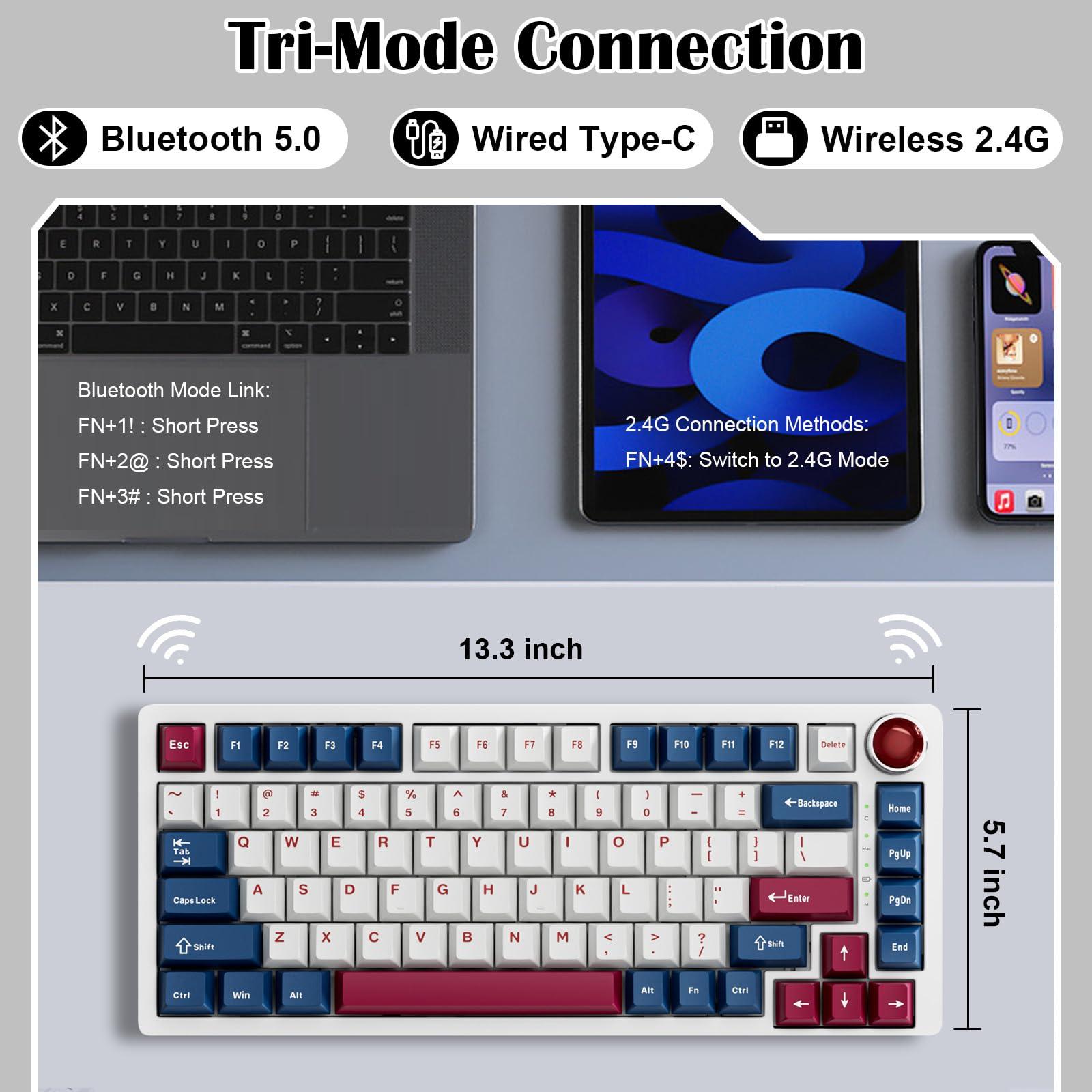BOYI YK82 Aluminum Alloy Mechanical Keyboard,75% RGB Gasket-Mounted BT5.0/2.4G/Type-C Wired Tri-Mode Hot-Swap Programmable PBT Keycaps Gaming Keyboard with Knob for MAC/Win(Ruby Red PBT Keycaps) - Image 5