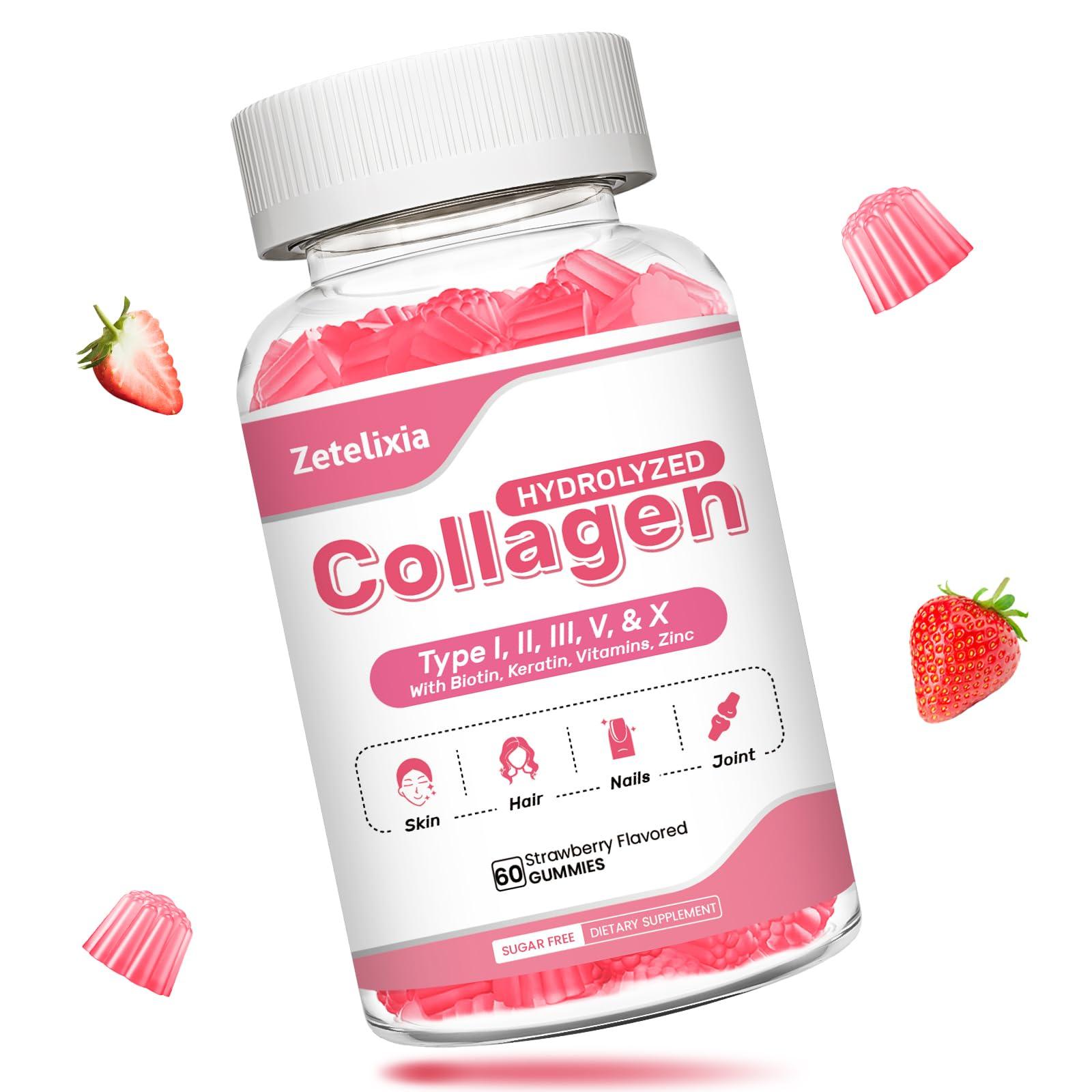 Zetelixia Collagen Gummies for Women Men, Hydrolyzed Collagen Peptide Type I,II,III,V,X with Biotin, Vitamin C A B D E for Skin Hair Nails J0ints, Immunity Energy Digestion, Sugar Free, 60 Count - Image 1