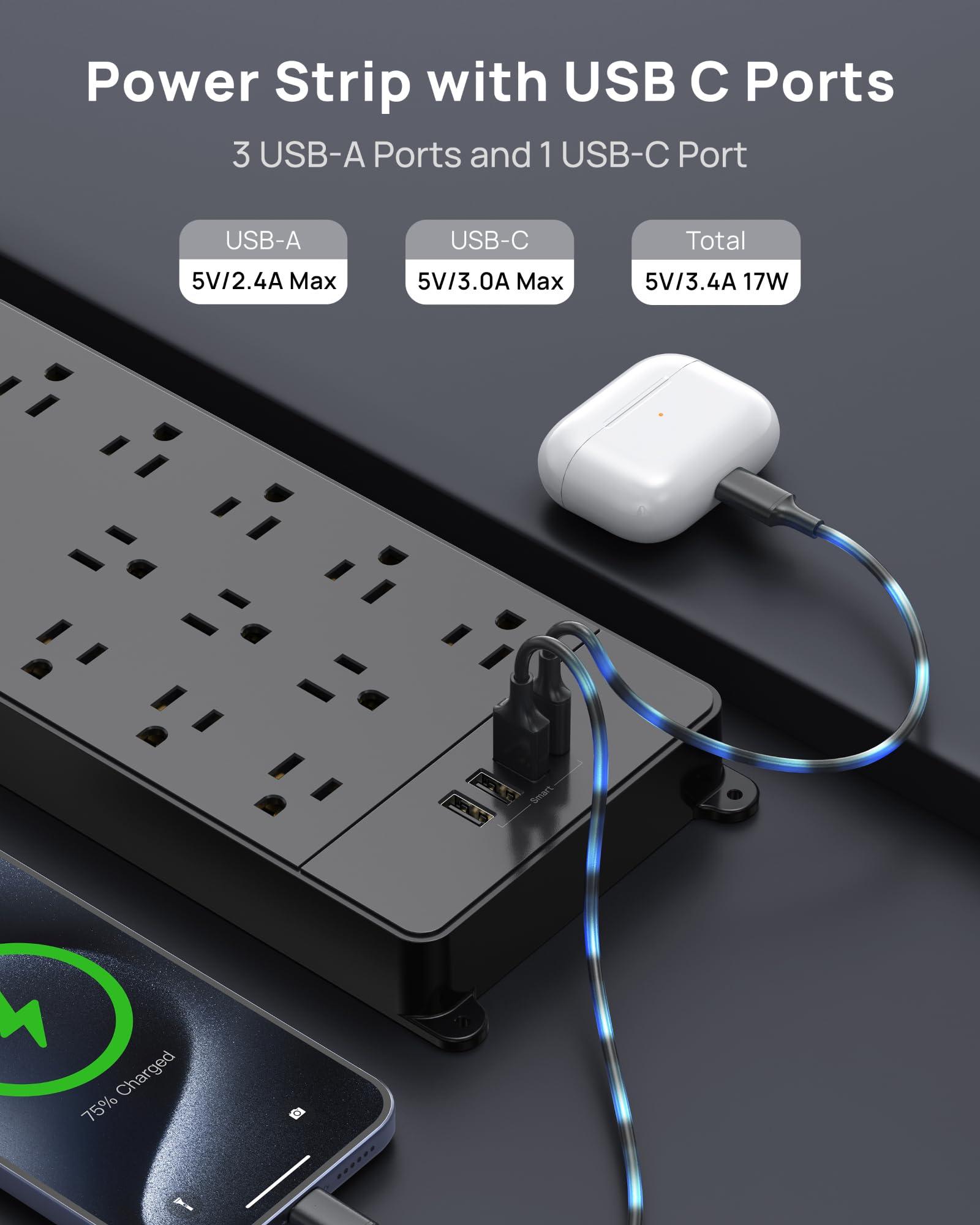 TROND Surge Protector Power Strip, 360° Rotating Flat Plug, 13AC Widely Spaced Outlets Expansion with USB C Port, 4000 Joules, 5ft Extension Cord Heavy Duty, Wall Mount, Under Desk, ETL Listed, Black - Image 7