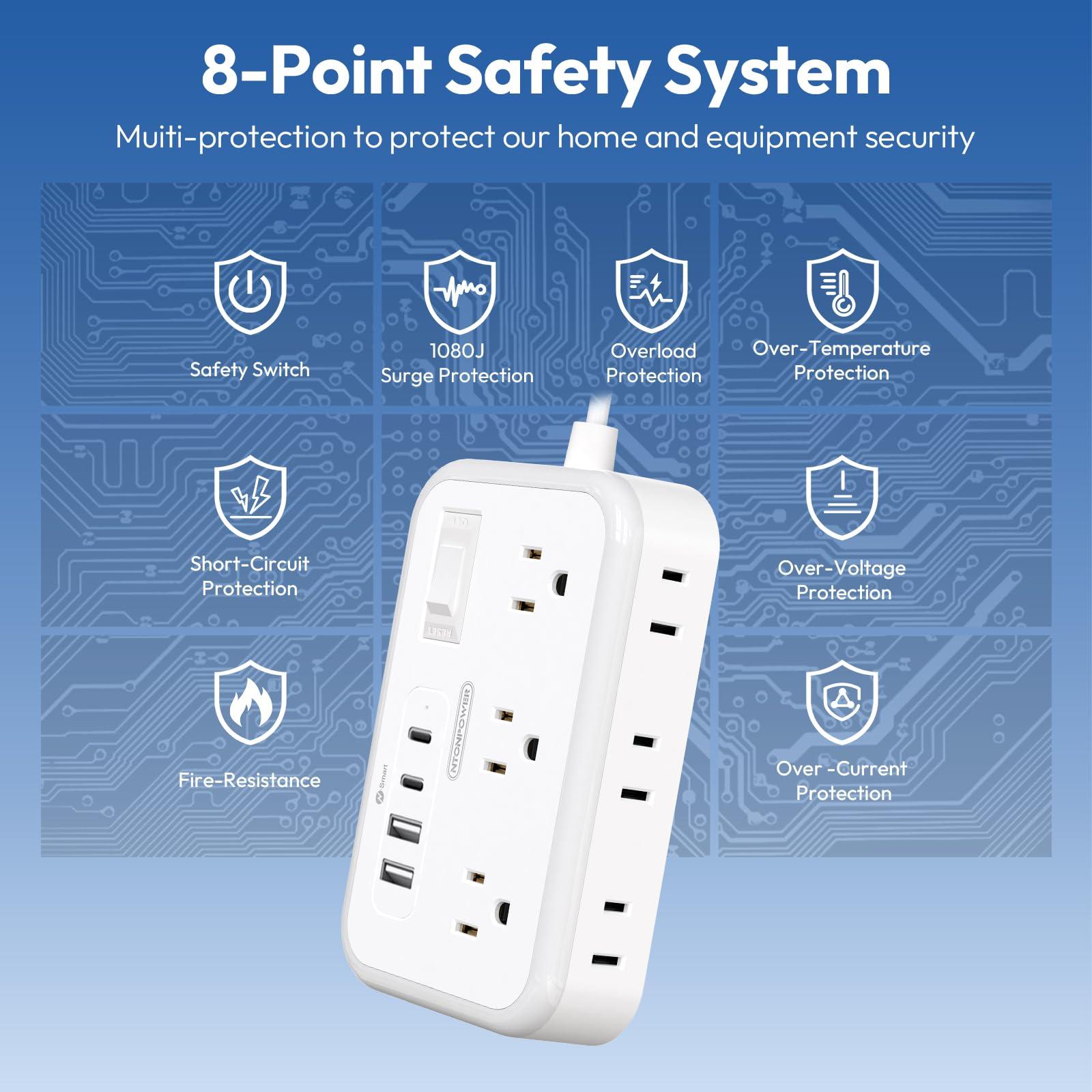 Extension Cord 15 ft, Surge Protector Power Strip with 6 Outlets 4 USB Charger(2 USB C Port), Flat Plug Outlet Extender, 1080 Joules Protection for Indoor, Home, Office Supplies, Dorm Room Essentials - Image 8