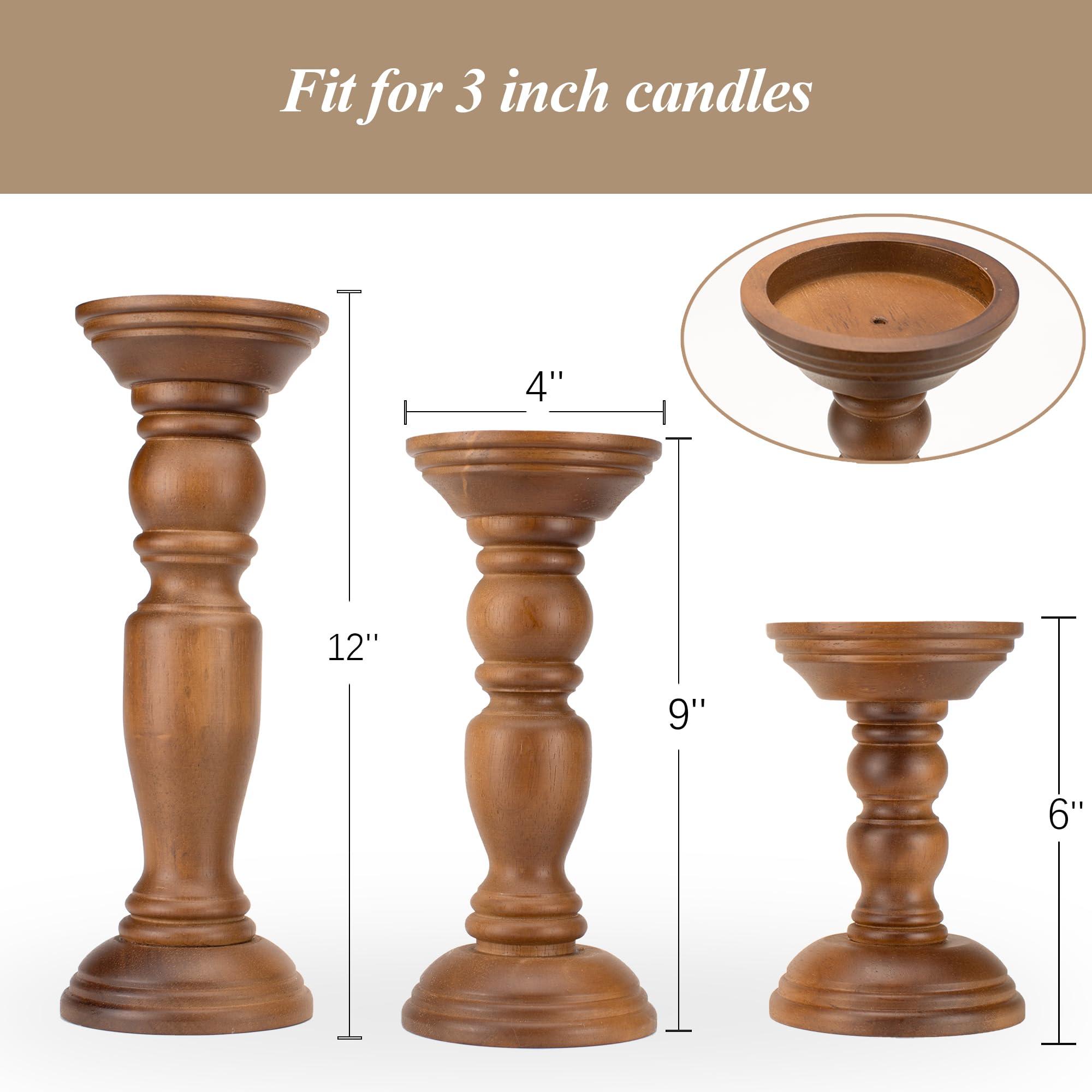 Rustic Wooden Pillar Candle Holders Set of 3, 12'' 9'' 6'' Farmhouse Wood Candle Stand for Table Centerpieces, Vintage Tall Candleholders Fireplace Mantel Decor for Living Room, Brown - Image 3