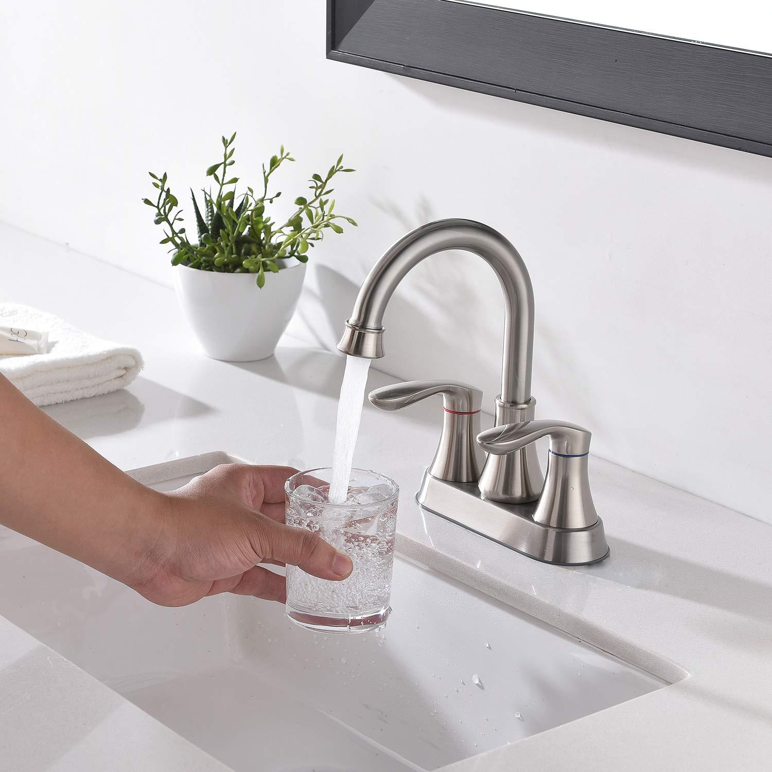 Friho Brushed Nickel Bathroom Faucet, Centerset Lead-Free Modern Commercial 2-Handle RV Bathroom Sink Faucet, 3 Hole 4 inch Bath Faucet with Drain Stopper and Water Hosess - Image 9