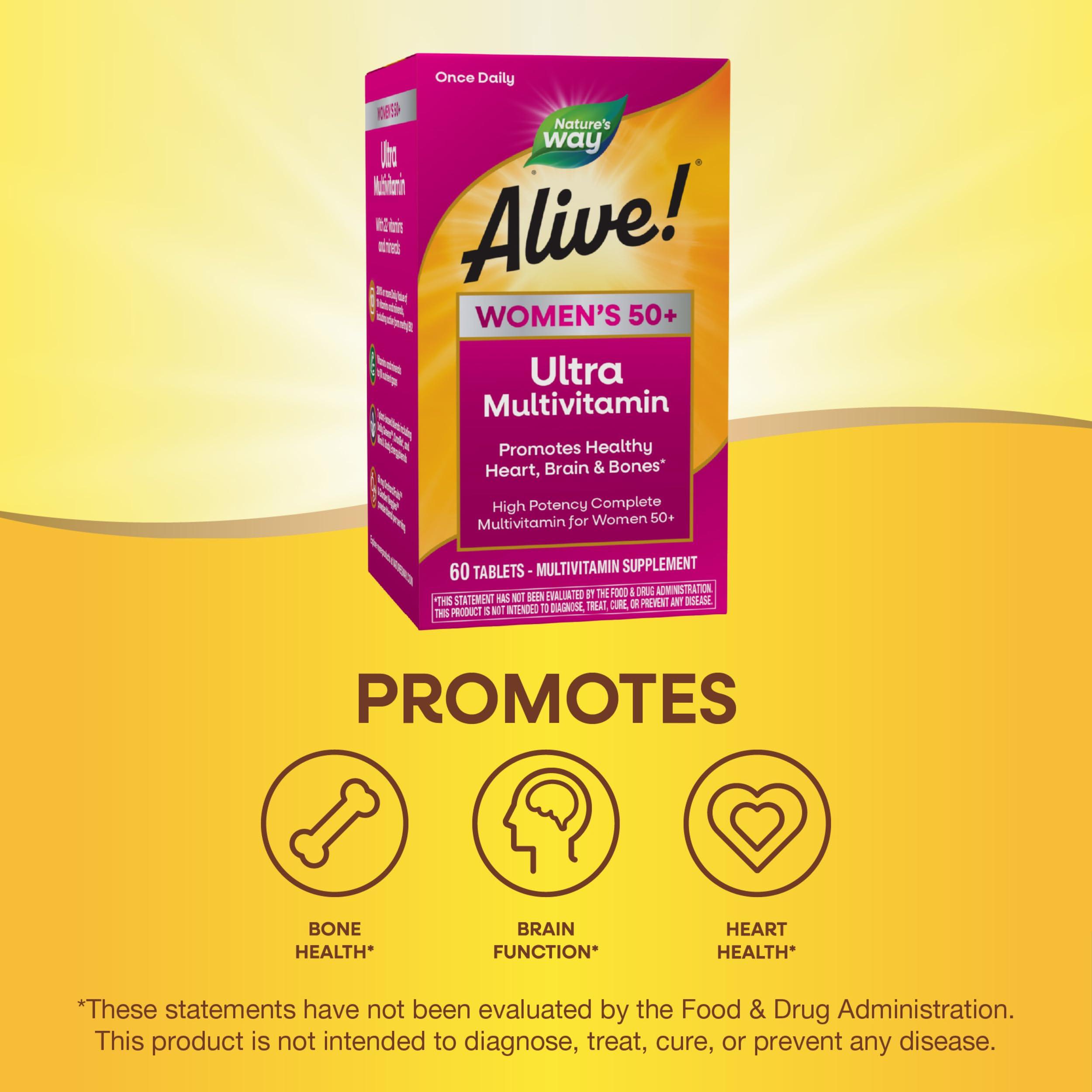 Nature’s Way Alive! Women’s 50+ Ultra Potency Complete Multivitamin, High Potency Formula, Promotes Healthy Heart, Brain, Bones*, with Methylated B12, Gluten-Free, 60 Tablets - Image 3