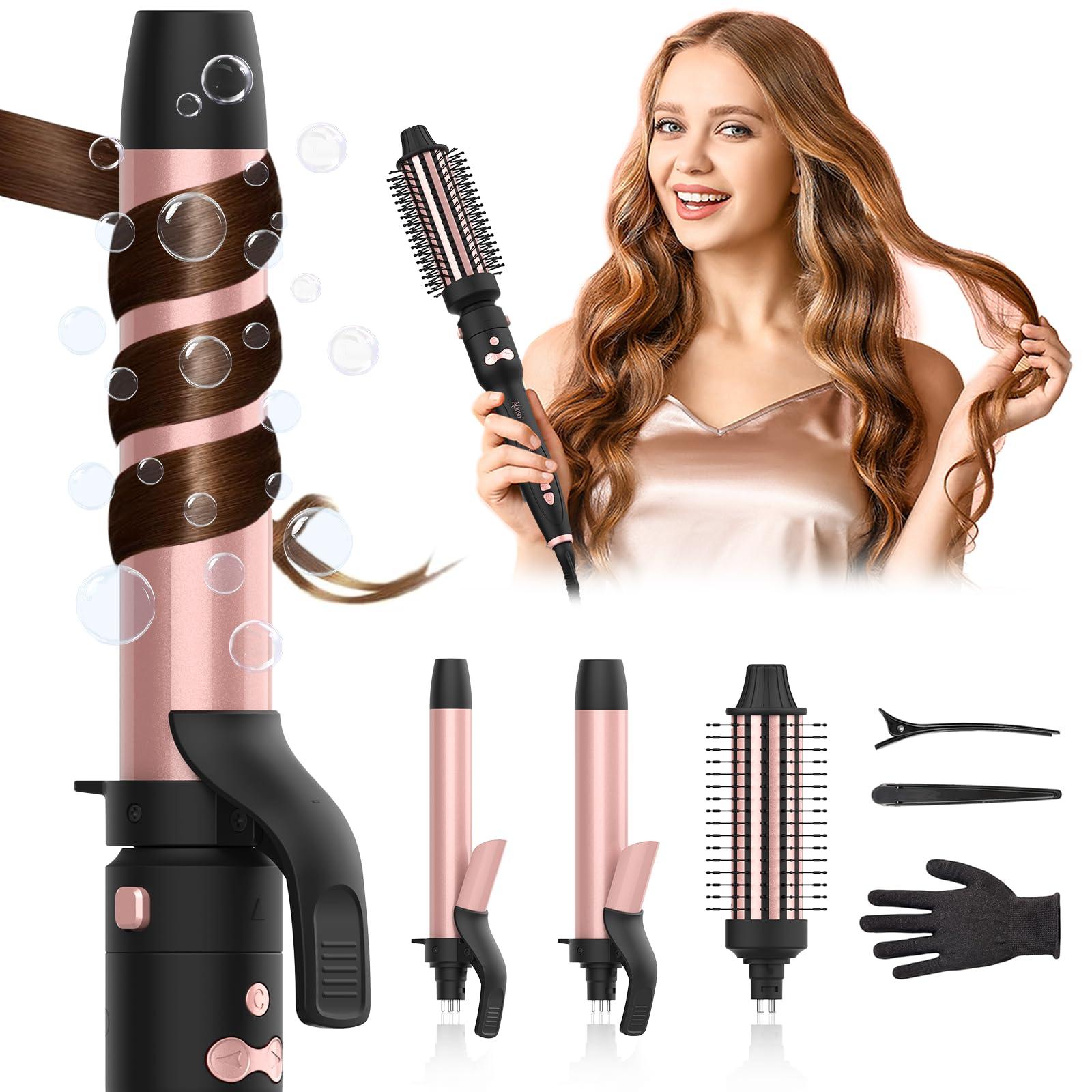 Automatic Rotating Curling Iron, 3 in 1 Thermal Brush Set 1-1 1/2 Inch, Auto Hair Curler with 3 Temps, 100 Million Ionic, Travel Dual Voltage Self Curling Wand for Beach Waves, Ceramic Coating