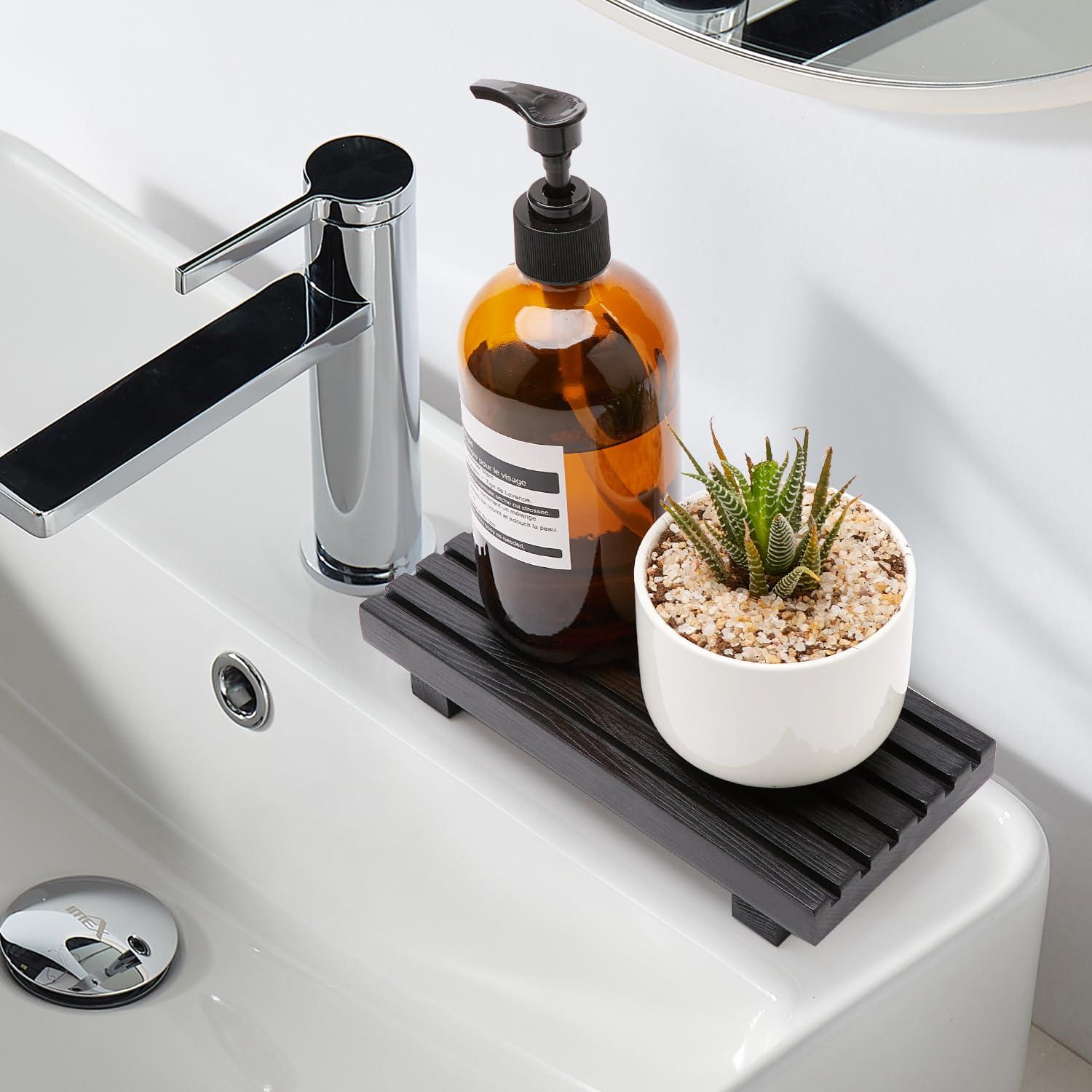 Small Black Bathroom Decor Tray for Counter Dish Soap Holder Wooden Pedestal Stand for Kitchen Sink Soap Dispenser Wood Risers Kitchen Accessories Countertop Vanity Counter Sponge Sink Tray - Image 3
