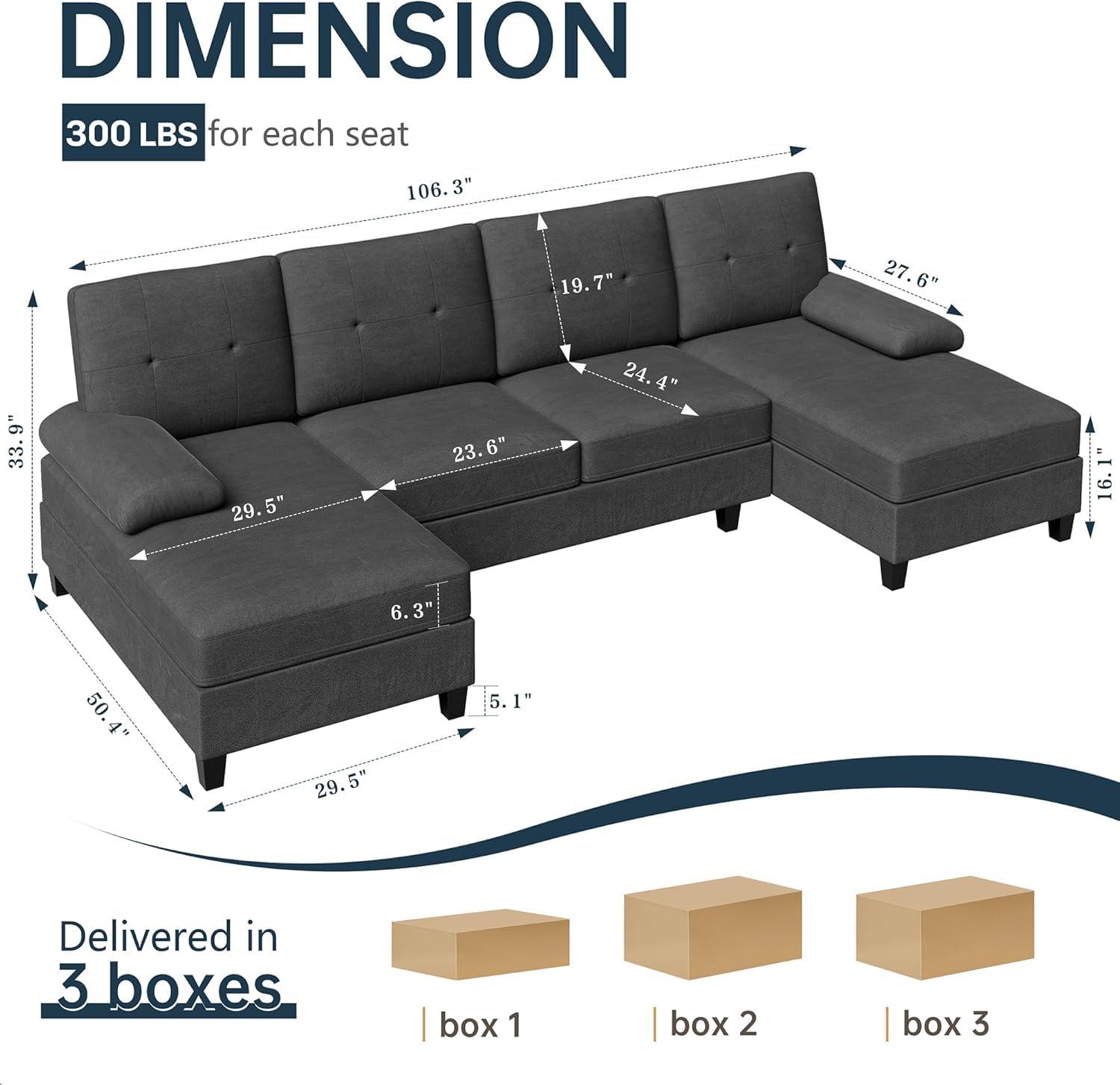 Meilocar Sectional Couches for Living Room, U Shaped Couches, Sectional Sofa with Double Chaise, 4 Seat Living Room Set, Black - Image 2