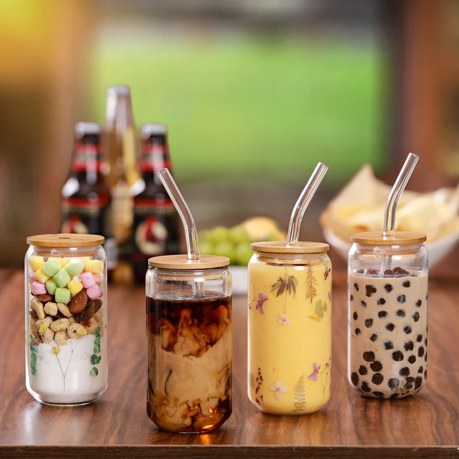 Drinking Glasses with Bamboo Lids and Glass Straw 4pcs Set - 16oz Glass Cups, Iced Coffee Glasses, Cute iced Tea Glasses, Beer Glasses, Ideal for Coffee Bar Accessories, Aesthetic Gift - 2 Brushes - Image 2