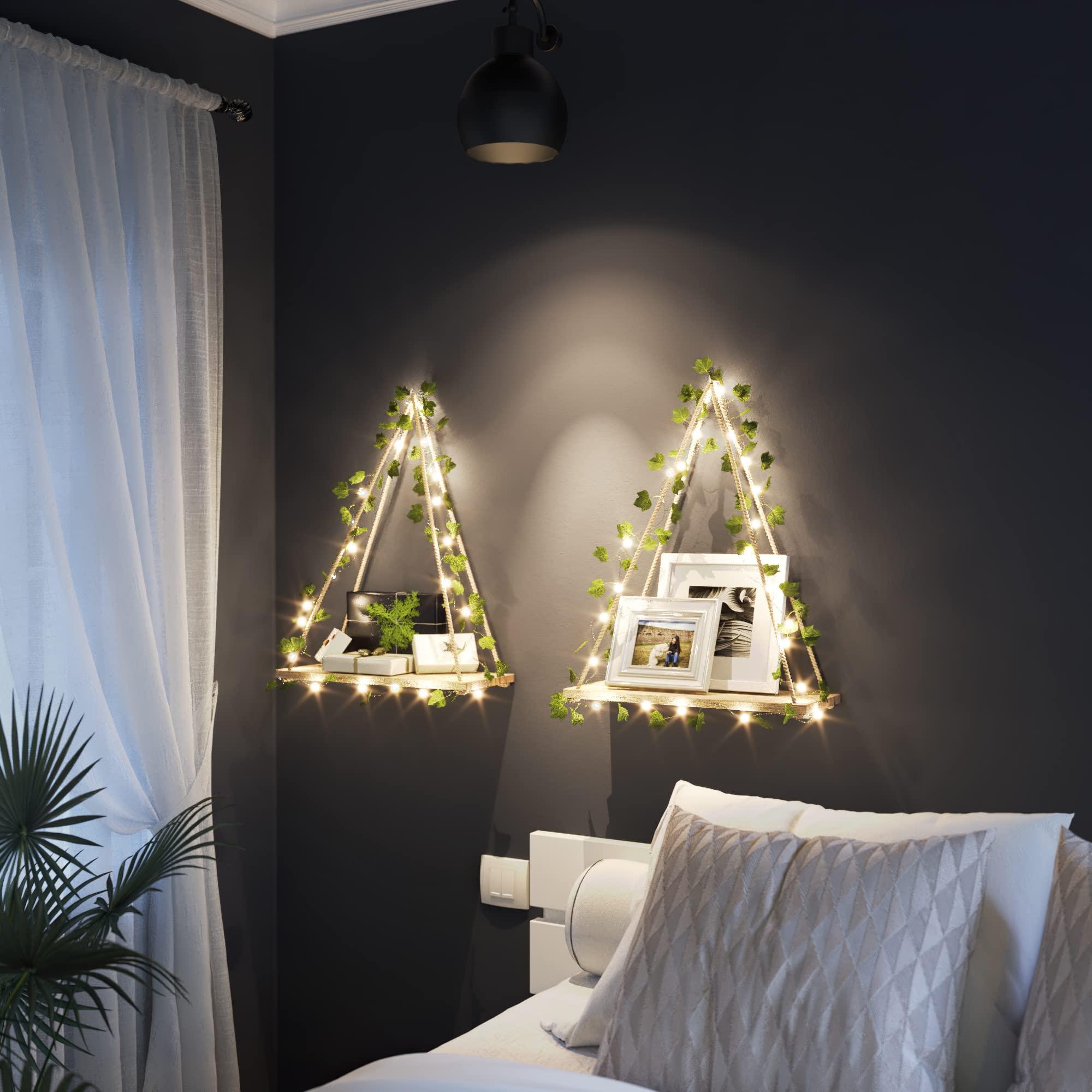 RICHER HOUSE Artificial Ivy LED-Strip Wall Hanging Shelves Set of 2, Macrame Shelf for Bedroom Bathroom Living Room Kitchen, Wood Hanging Plant Shelves for Wall Décor - Image 4