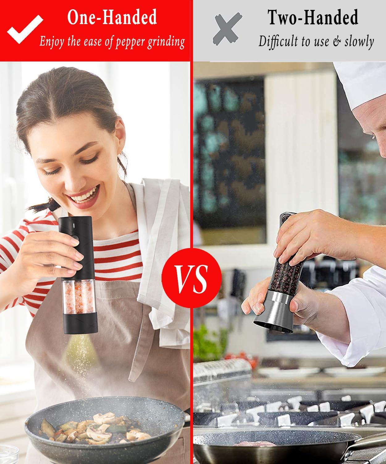 Rechargeable Electric Salt and Pepper Grinder Set - Extra Large Capacity - Automatic Black Peppercorn & Sea Salt Mill Grinders Set with Adjustable Coarseness & LED Light - Image 5