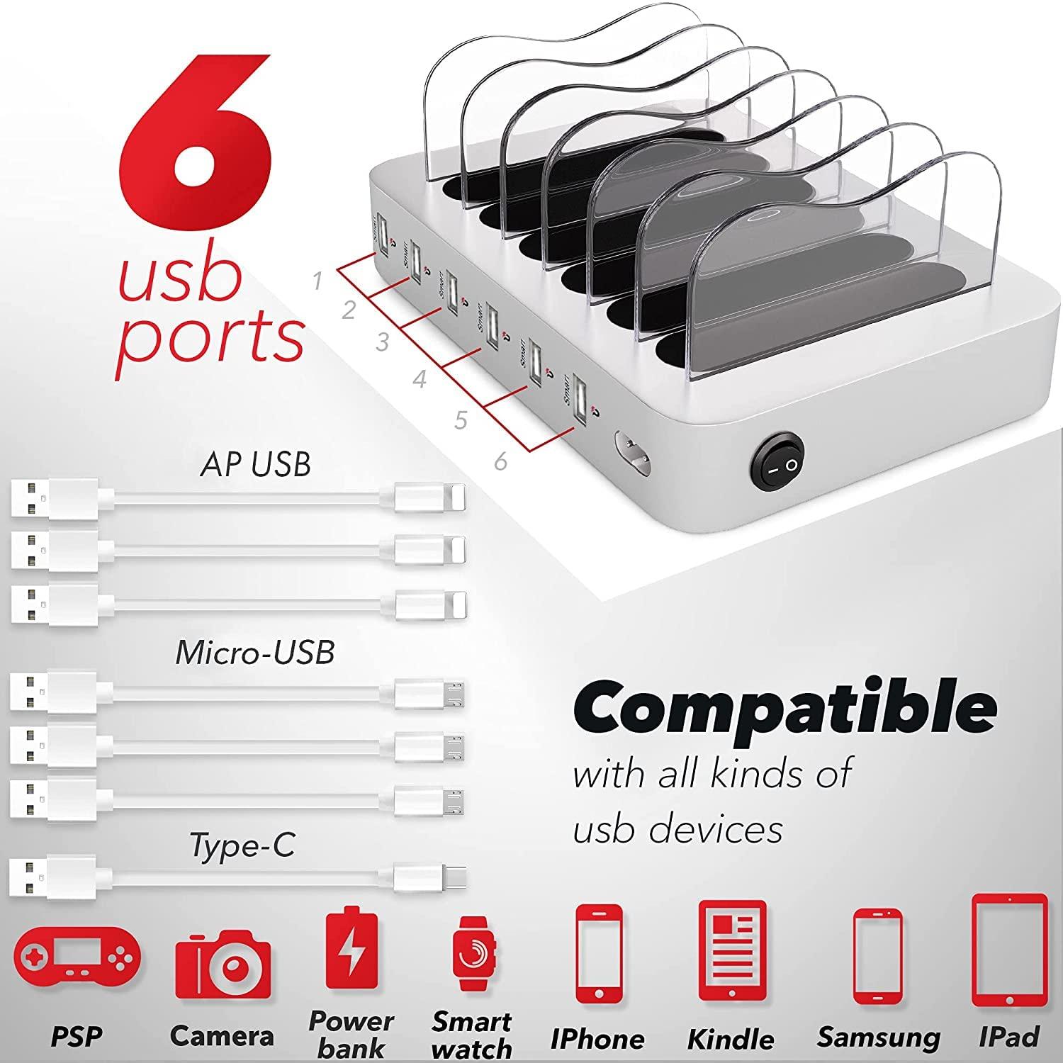 Poweroni USB Charging Station Dock - 6-Port - Fast Charge Docking Station for Multiple Devices - Multi Device Charger Organizer - Compatible with Apple iPad iPhone and Android Cell Phone and Tablet - Image 2