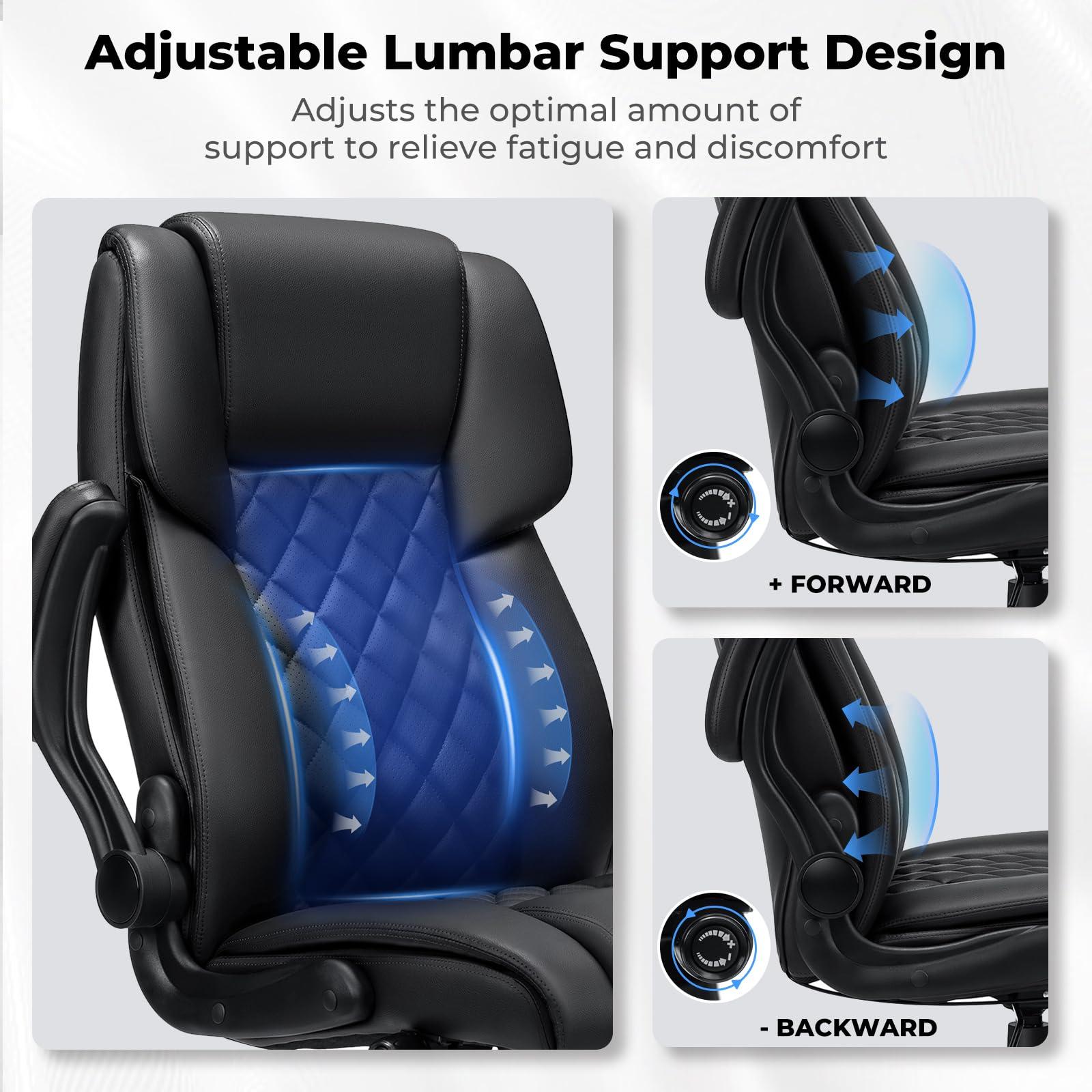 Big and Tall Office Chair 450lbs Heavy Duty Ergonomic Executive Desk Chair with Adjustable Lumbar Support High Back Home Computer Leather Chair with Padded Flip-up Arms for Heavy People Black - Image 4