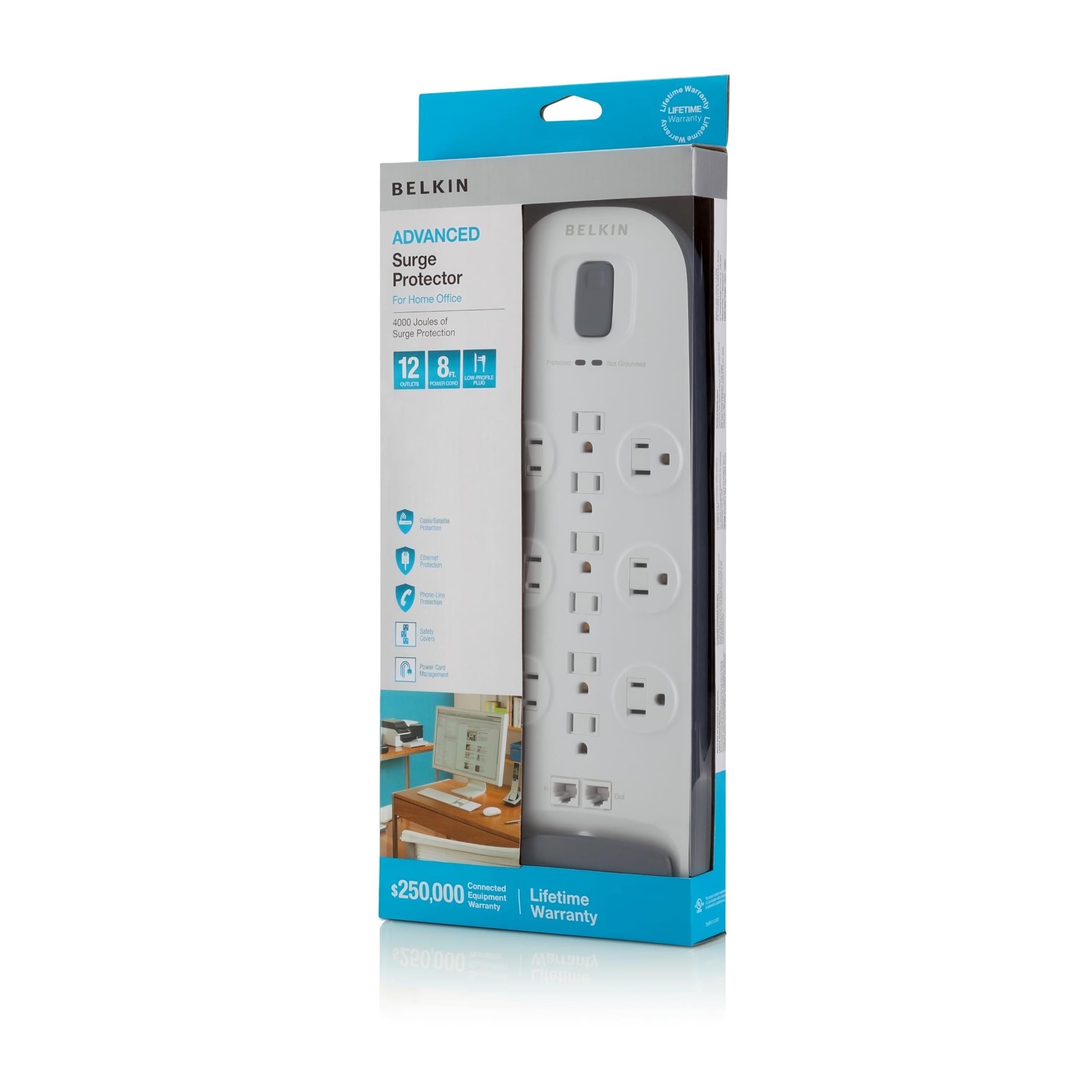 Belkin Power Strip Surge Protector - 12 AC Multiple Outlets, Ethernet & Cable Protection - 8 ft Long Extension Cord for Home, Office, Travel, Computer Desktop & Phone Charger - 3996 Joules, White - Image 7