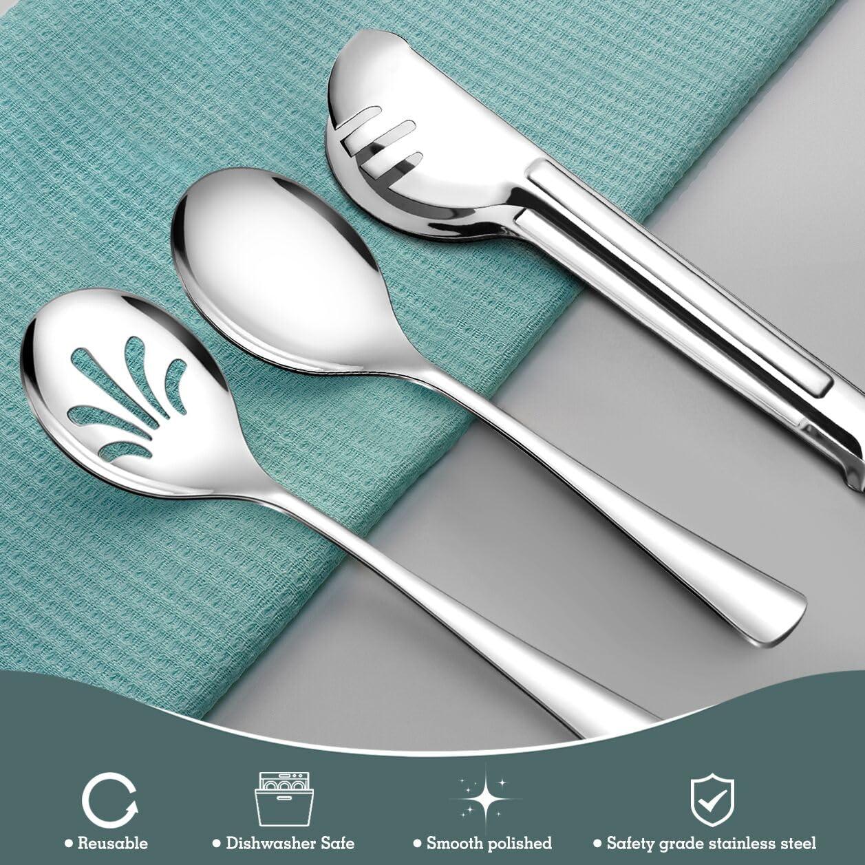 24 Pack Stainless Steel Large Serving Utensils Set - 10" Serving Spoons x 8, 10" Slotted Spoons x 8, and 9" Serving Tongs x 8 by Teivio, for Buffet, Chafing Dish, Catering Supplies (Silver) - Image 5