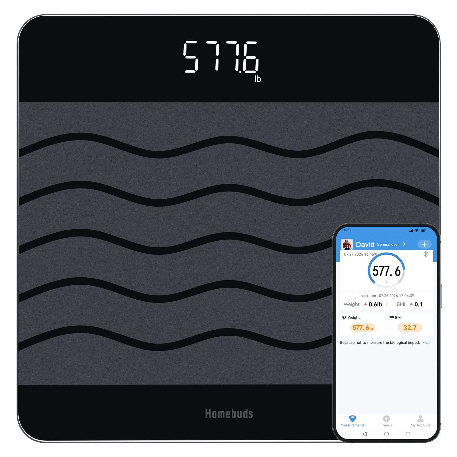 Homebuds 600lb Digital Bathroom Scale for Body Weight and BMI Via Smart APP, High Accuracy in 0.1lb Assured by Weighing Professional Since 2001, 8mm Tempered Glass, Extra Large LED Display, Black
