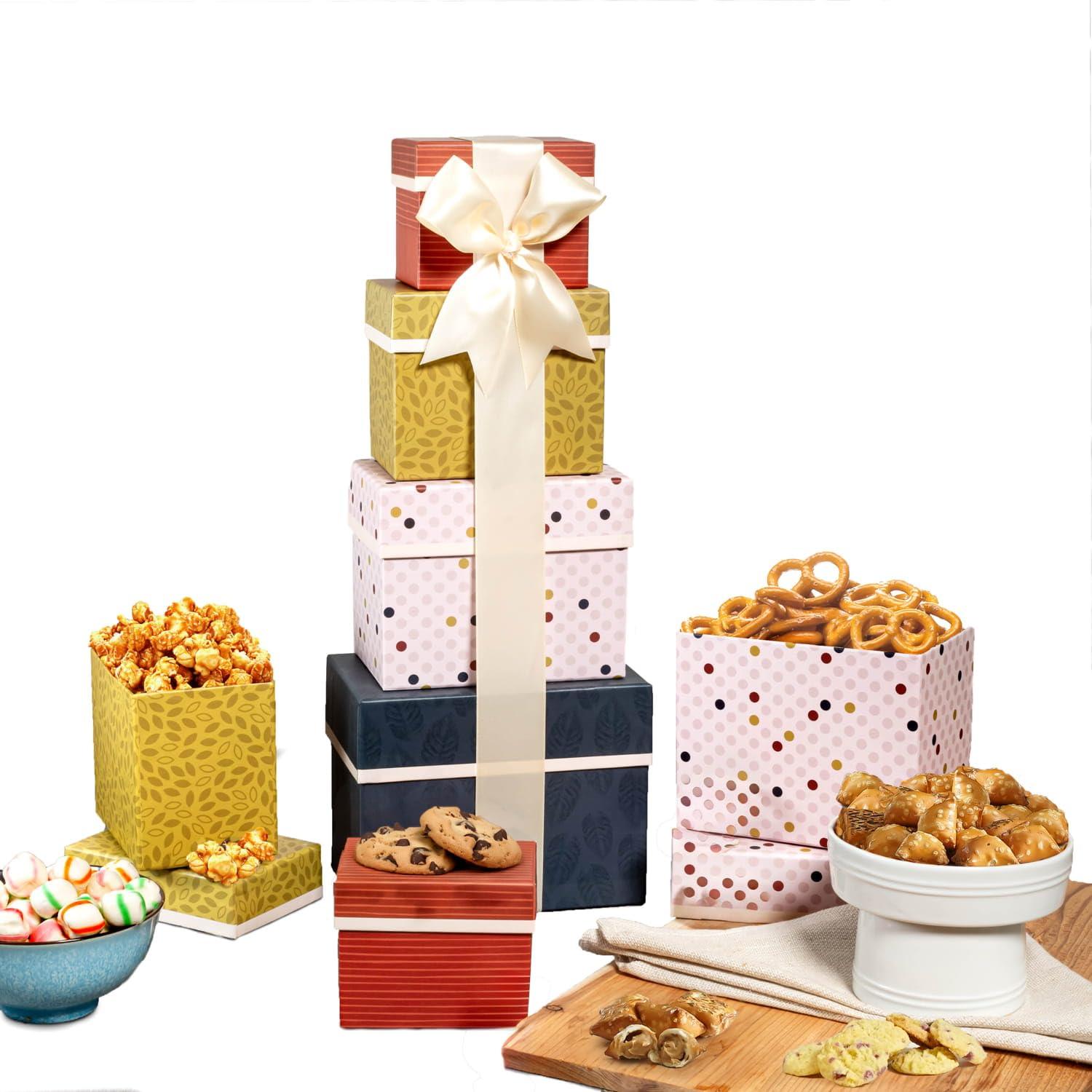 Broadway Basketeers Gift Basket Tower for Birthdays, Appreciation, Thank You, Get Well Soon, Sympathy, Care Package, College, Fathers Day, Food Delivery for Women, Men