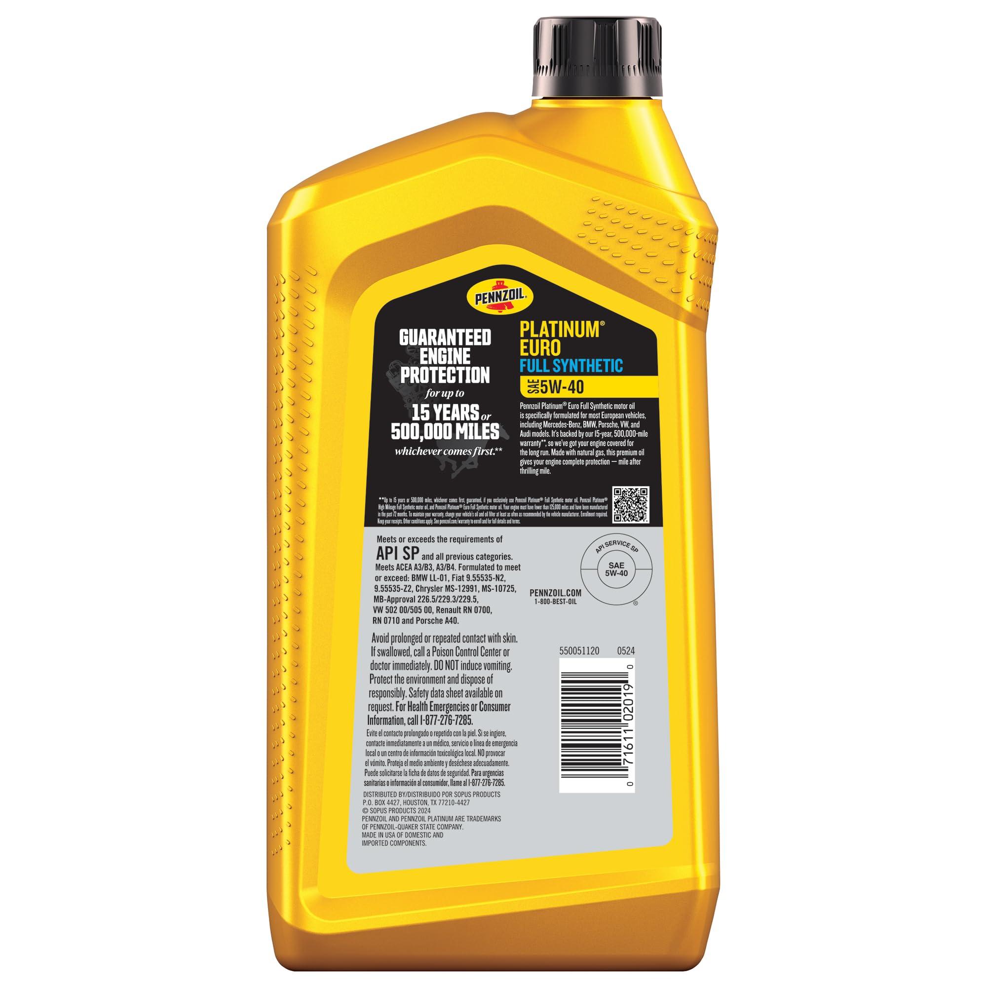 Pennzoil Platinum Euro Full Synthetic 5W-40 Motor Oil, 1 Quart (6 Pack) - Image 2