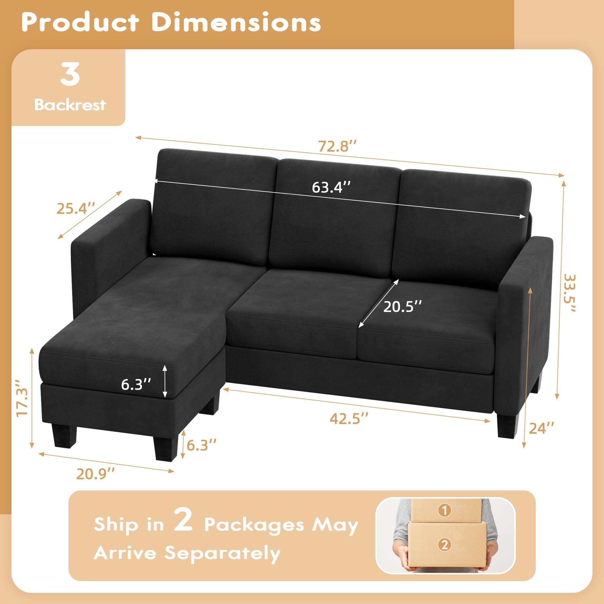 VICTONE Sectional Sofa Couch, 3 seat L-Shaped Small Sofa with Movable Ottoman Couch for Small Apartments, Living Rooms and Offices (Linen Fabric, Deep Grey) - Image 2