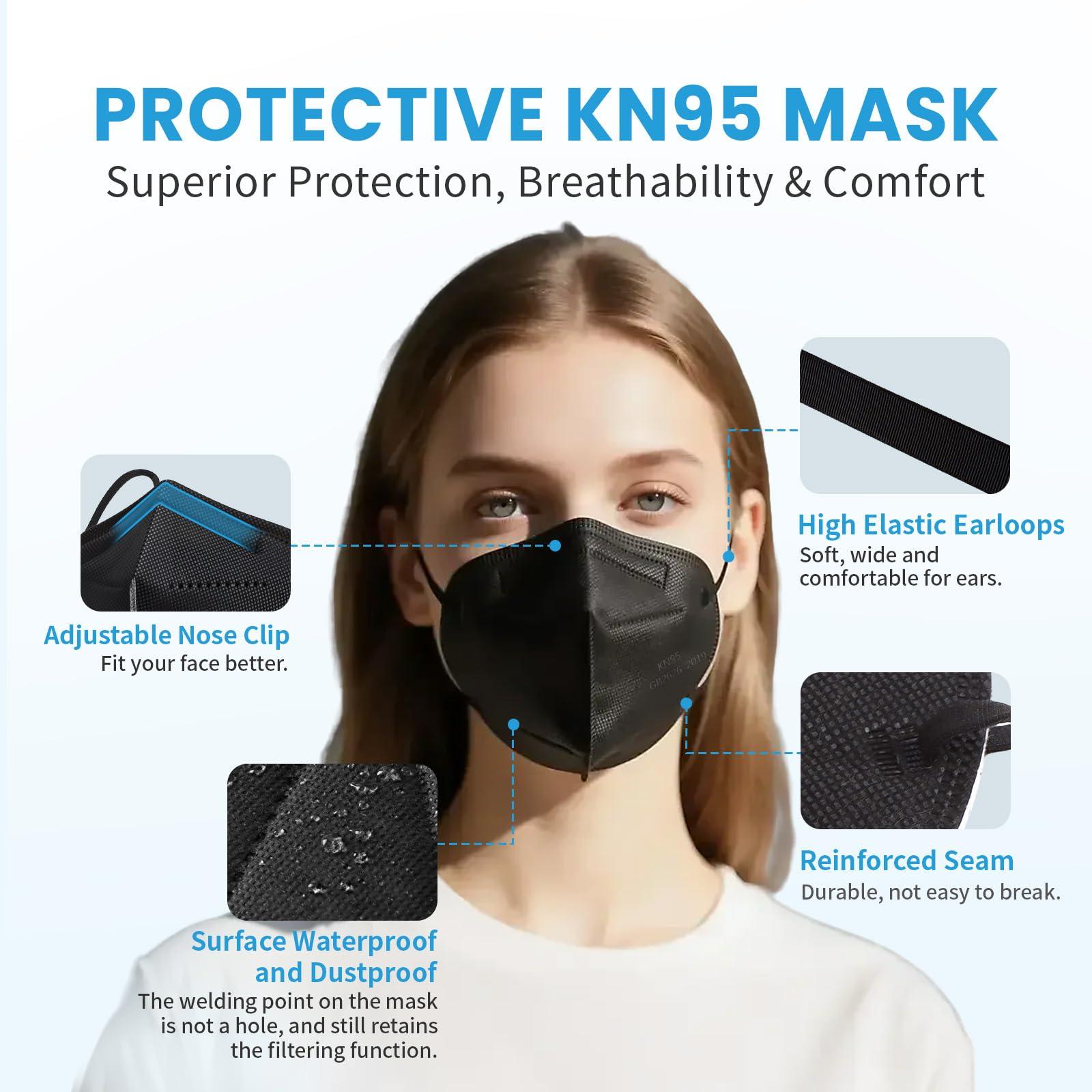 akgk KN95 Face Mask 50 PCS, Breathable Protection Masks, Individually Wrapped, 5-Ply KN95 Black Masks, Cup Dust Safety Masks - Image 5
