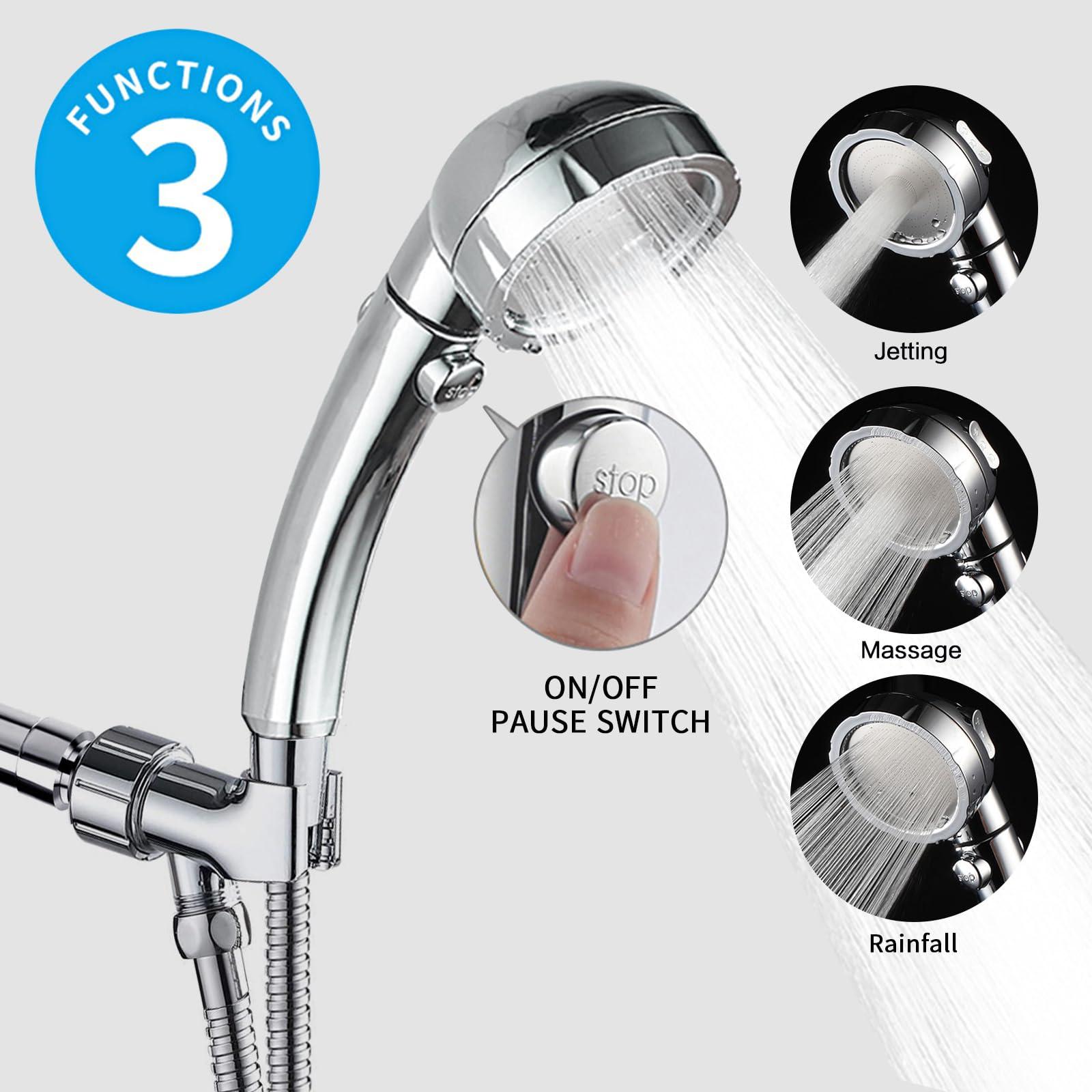 KAIYING Chrome High Pressure Handheld Shower Head with ON/OFF Pause Switch, 3 Spray Modes Shower Wand with Shut Off Button, Removable Camper Shower Head with Hose and Adjustable Angle Bracket - Image 3