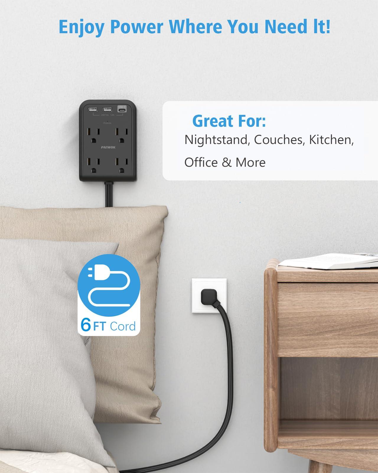 Flat Electrical Outlet Extender with USB C Ports, 4 Outlet 3 USB Wall Plug, 6 ft Ultra Thin Extension Cord, Flat Plug Power Strip Surge Protector for Home, Office. Black - Image 6