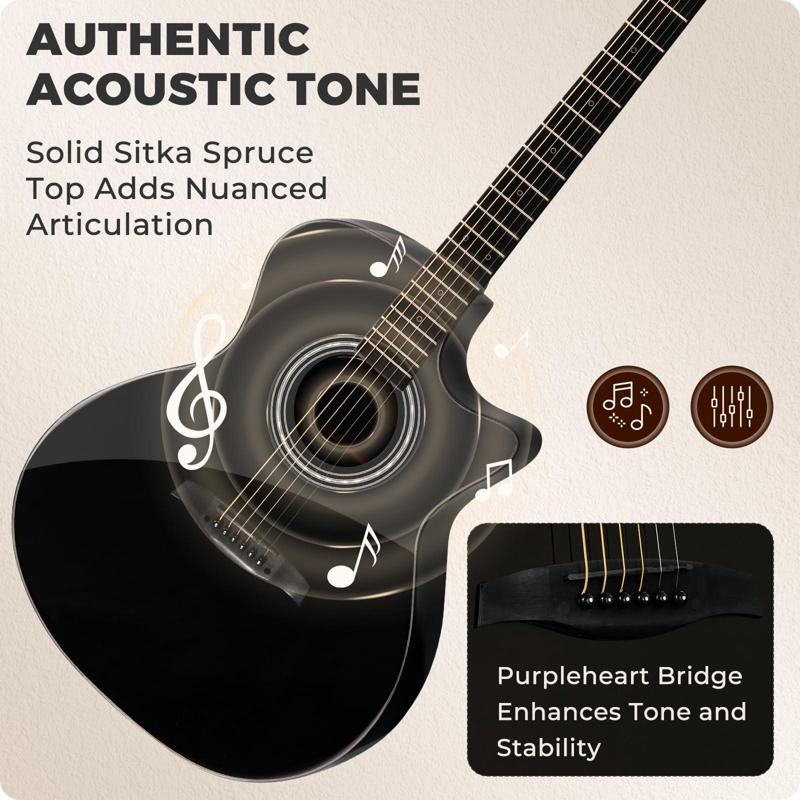 41" Acoustic Guitar Kit for Beginner: 4/4 Full Size Cutaway Acustica Guitarra Bundle for Adult Teen with Gig Bag, Tuner, Strap, Strings, Picks, Capo, FF60, Black - Image 4