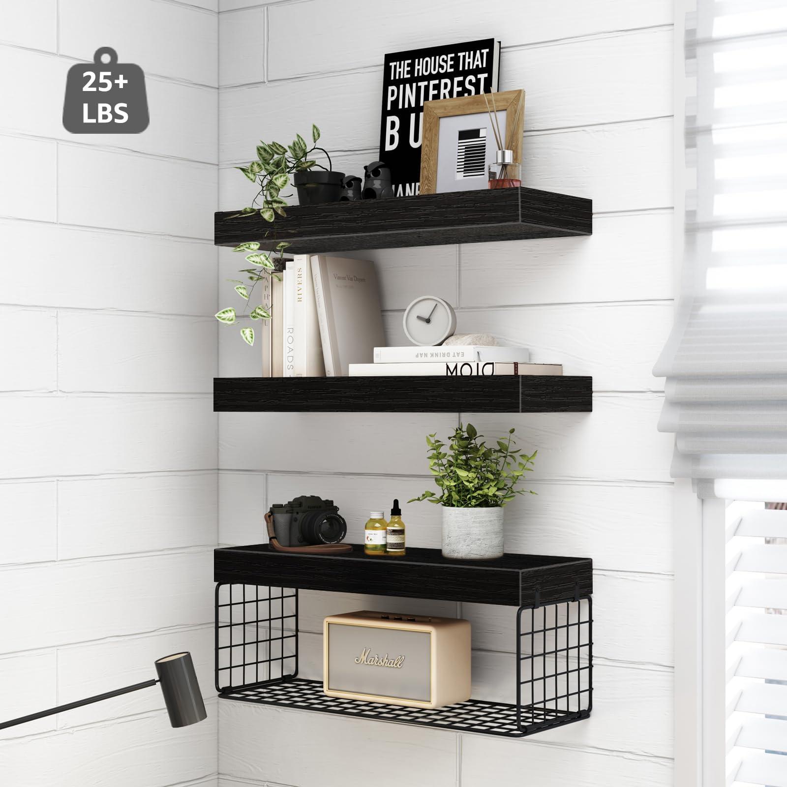 QEEIG Bathroom Shelves Over Toilet - Wall Mounted Floating Shelves Toilet Paper Storage Small Farmhouse Decor Shelf 16 inch Set of 3, Black (019-B3) - Image 4