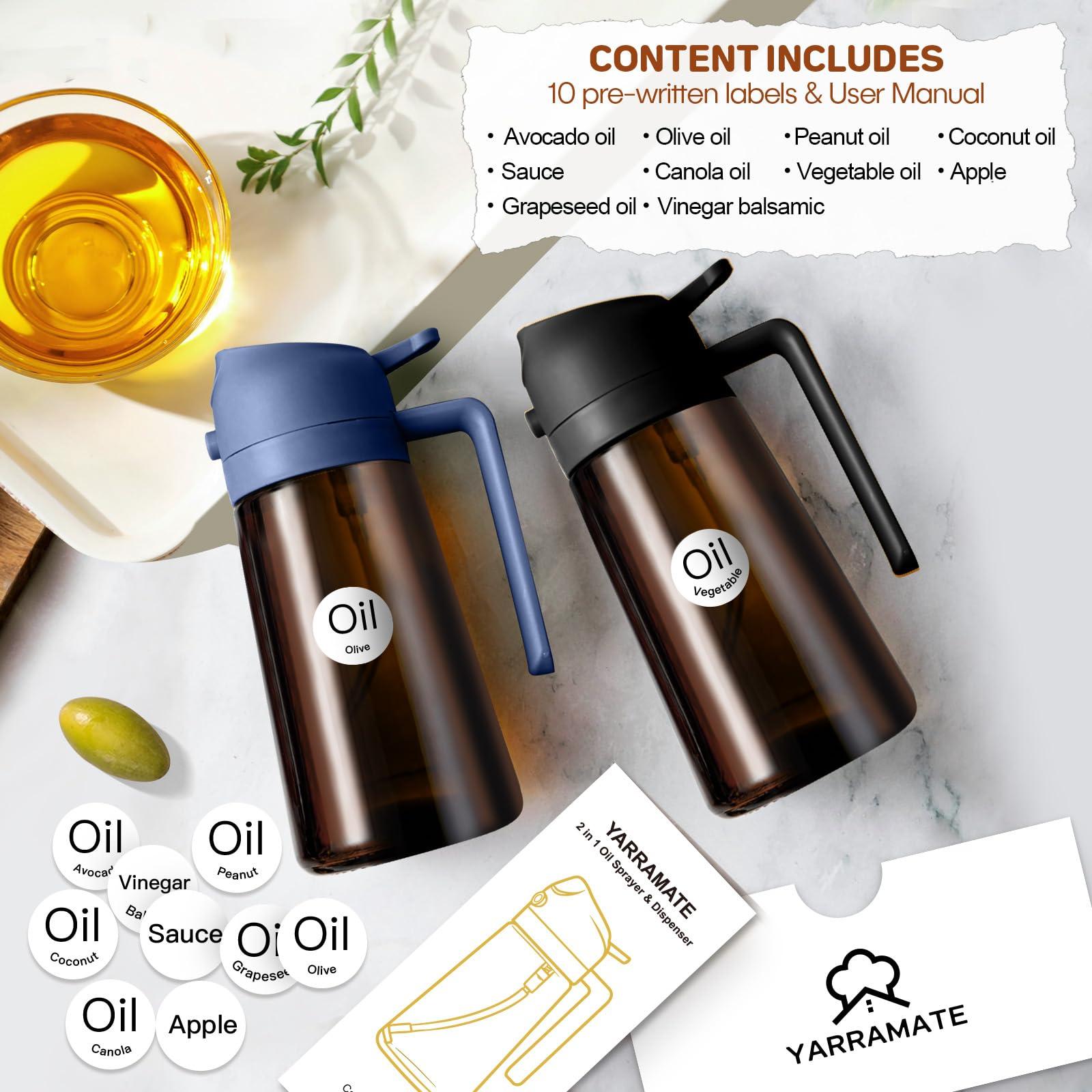 YARRAMATE 16oz/470ml Dark Brown Oil Sprayer for Cooking with Stickers, Food-grade Premium 2 in 1 Olive Oil Dispenser Bottle for Kitchen Gadgets, Air Fryer, Salad, Frying, BBQ (Navy) - Image 2