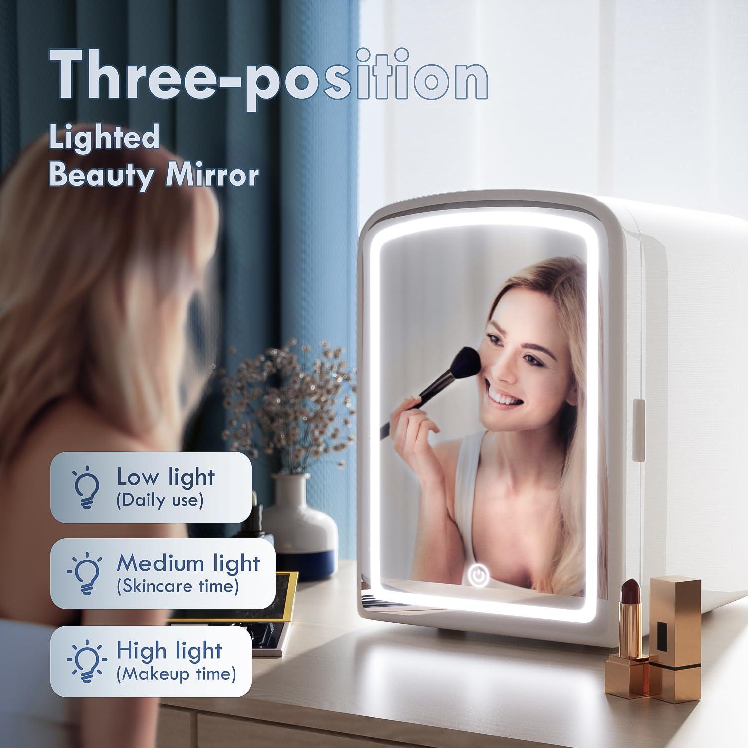 COYCYQI Mini Fridge for Skin Care, 4 Liter Portable Small Fridge with Dimmable LED Mirror, Cooling and Warming Function Personal Beauty Refrigerator for Bedroom, Office, Car, Makeup (White) - Image 3