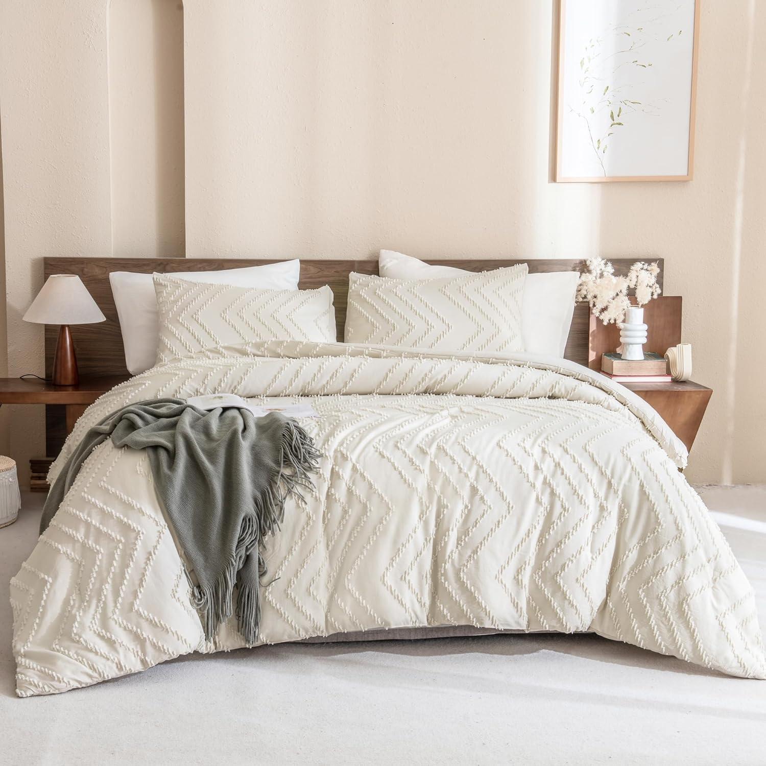 Andency King Size Comforter Set Beige, 3 Pieces Lightweight Comforter King Size Boho Bedding Comforter Sets, Soft Fluffy Cream Tufted Down Alternative Comforter Bed Set - Image 3