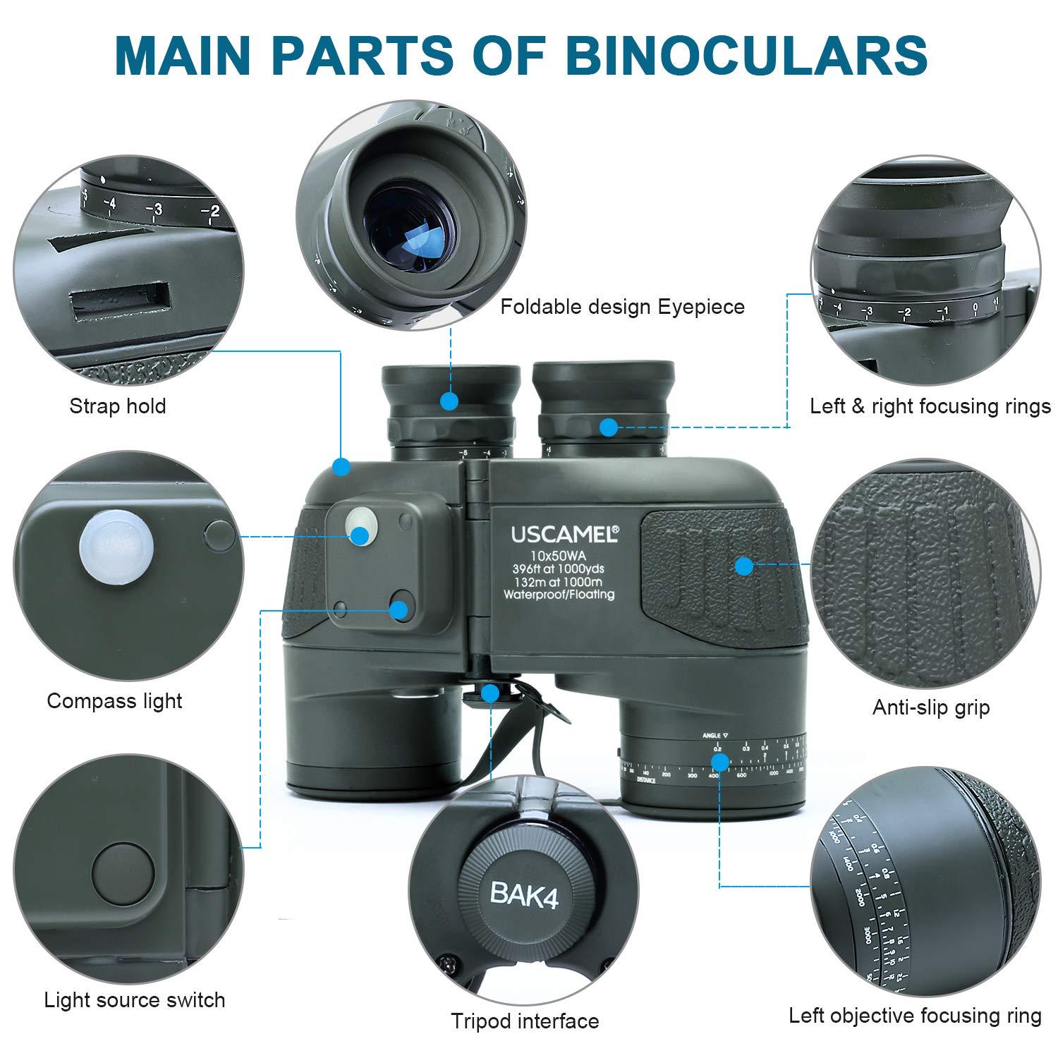USCAMEL 10X50 Marine Binoculars for Adults with Rangefinder Compass, Waterproof Marine Binoculars for Sailing Boating Fishing - Image 3