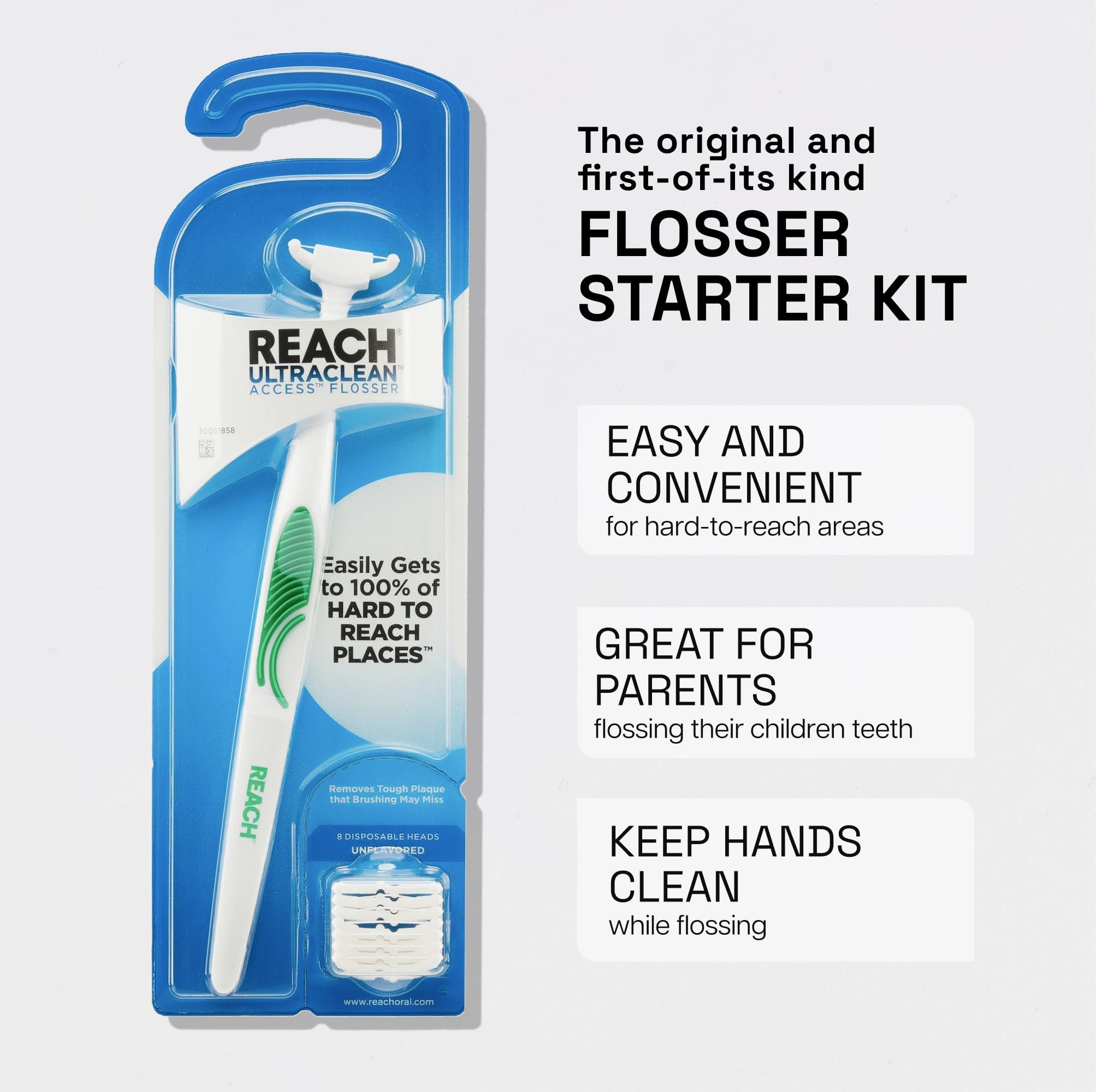 REACH Ultraclean Access Flosser Starter Kit, Unflavored, Plaque Remover for Teeth, for Hard to Reach Areas, Oral Care, PFAS Free, 1 Replaceable Flosser & 8 Refill Heads, 1 Pack - Image 5