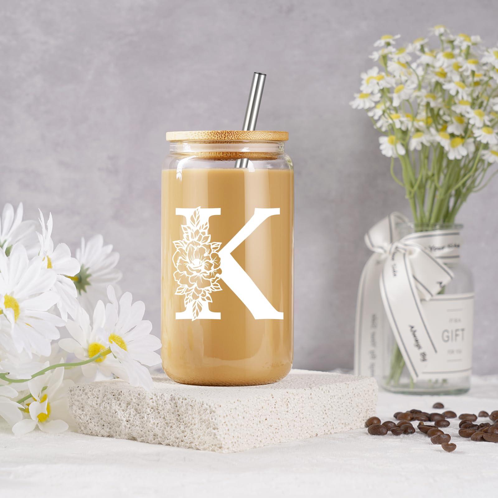 Coolife Initial Glass Cup, Monogrammed Gifts for Women, 16 oz Glass Cups w/Lids Straws, Iced Coffee Smoothie Beer Tumbler w/Straw Lid - Personalized Christmas, Birthday Gifts for Her Mom Friend - Image 5