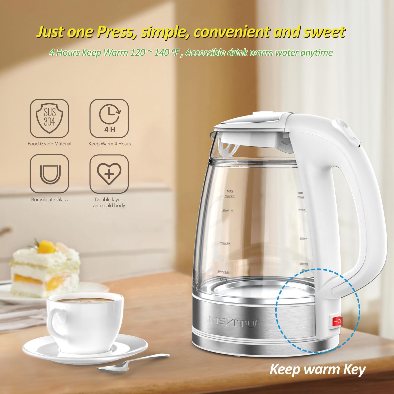NISVITU, Double Glass Stainless Steel Cordless Electric kettle for boiling water, Hot water boiler Electric Tea Kettle automatic shut off Boil-Dry Protection Anti-Scald 1.7L 1500W, White - Image 4