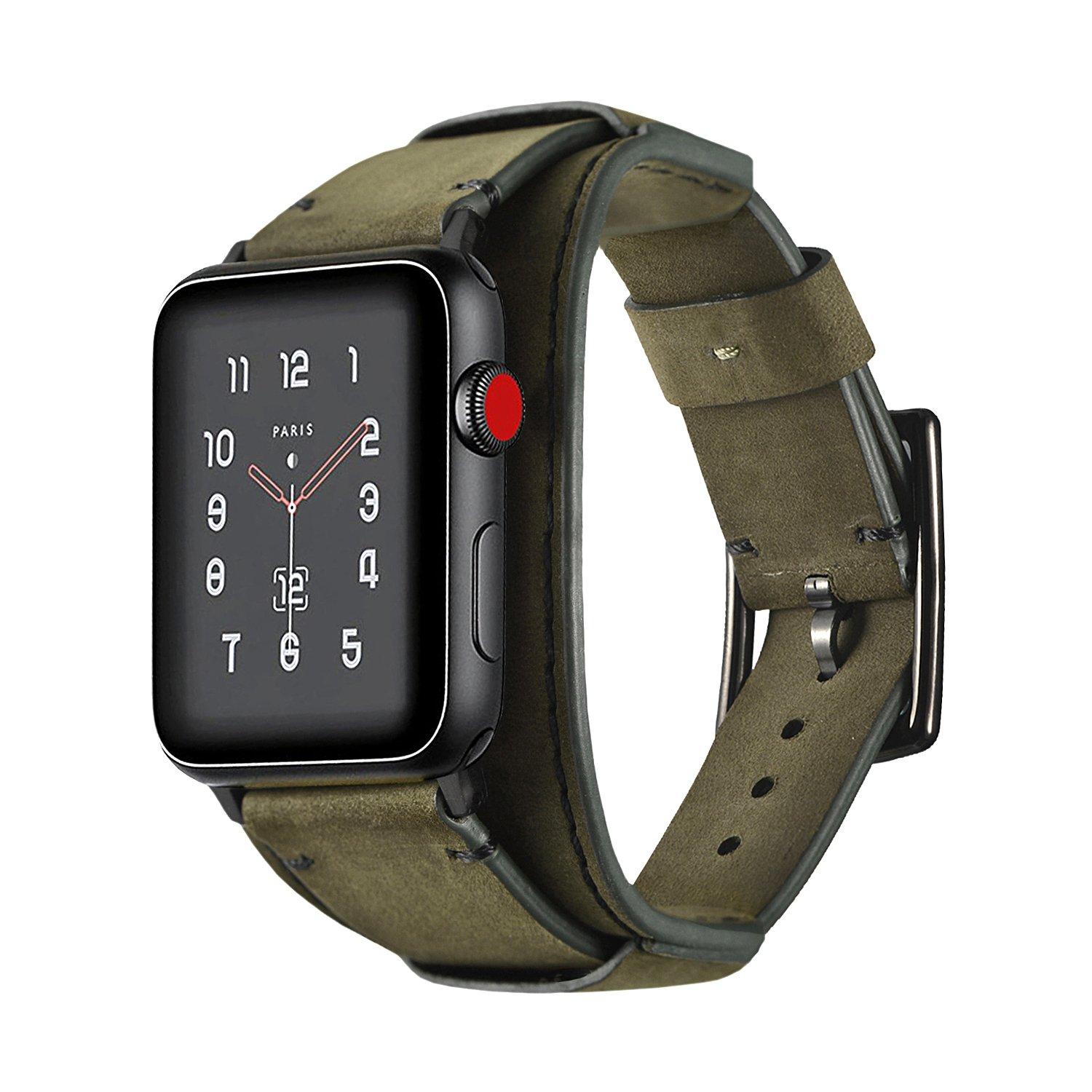 CooBES Compatible with Apple Watch Band 49/46/45/44mm/42mm(Series 3 2 1),Genuine Leather Bracelet Wristband Crazy Horse Cuff Strap Compatible iWatch Ultra/Ultra2 Series 10/9/8/7/6/5/4/3/2/1 (Green) - Image 2