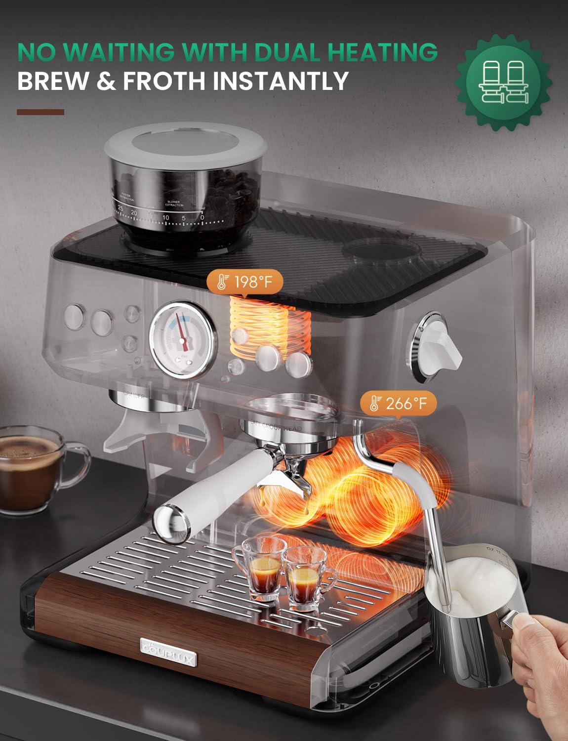 COUPLUX Espresso Machine with Grinder, Dual-Boiler&Temperature Adjustable Espresso Coffee Machine 58MM Cafe Espresso Maker with Powerful Steam Wand Beginner Friendly Latte Cappuccino Machines for Home - Image 3
